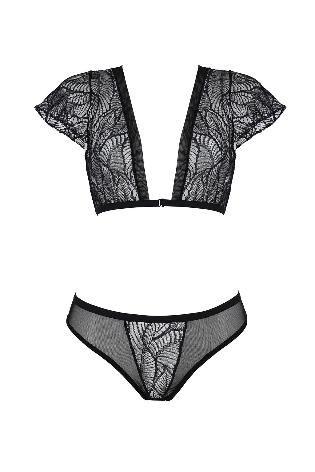 Passion (Польща) Комплект Passion LEAFA BIKINI black, XXL/XXXL, бюстгальтер-топ з рукавчиками, стрінги-шортики з вирізом
