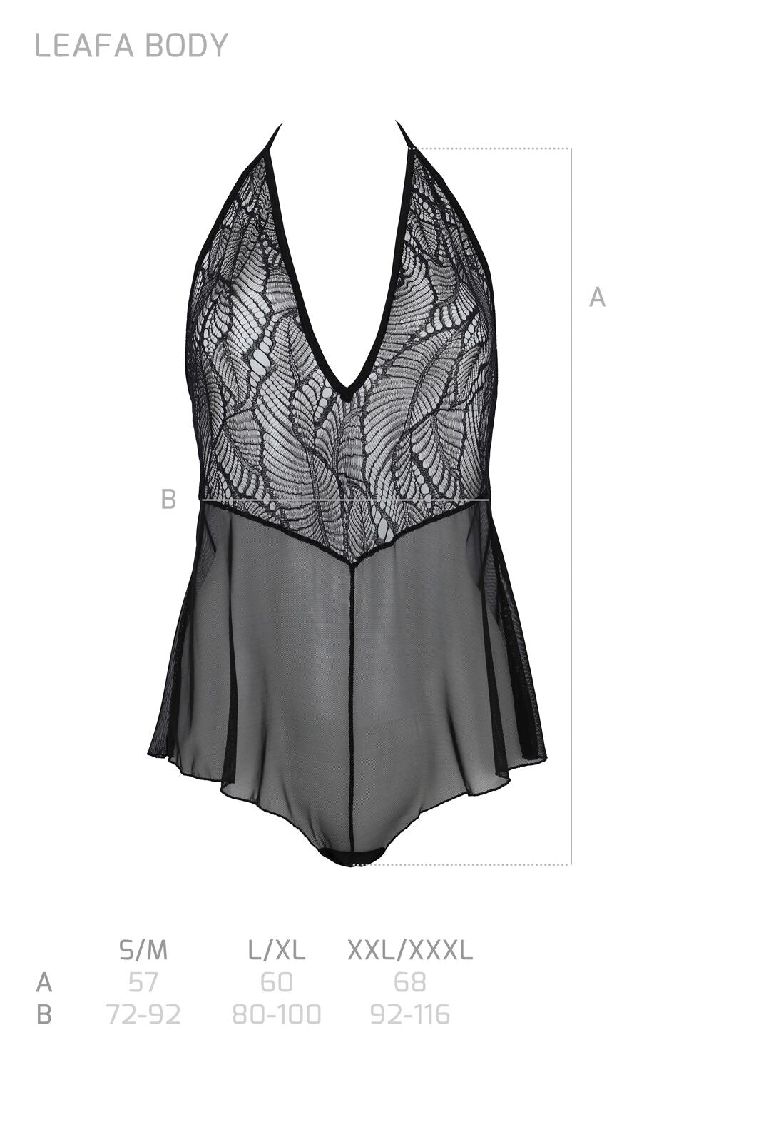 Passion (Польща) Боді Passion LEAFA BODY black, L/XL, на зав'язках, м'яка чашка, низ у вигляді шортиків