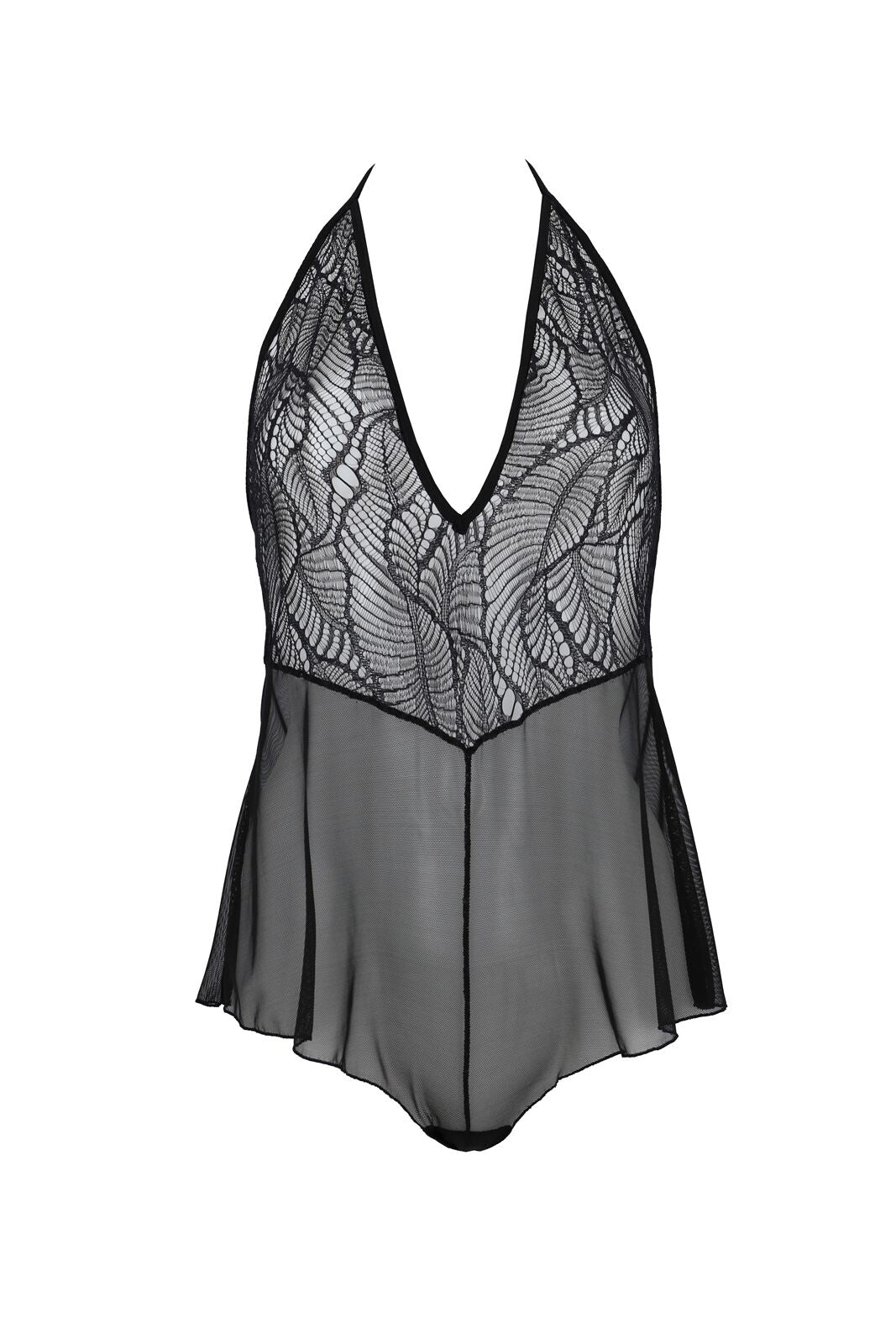 Passion (Польща) Боді Passion LEAFA BODY black, XXL/XXXL на зав'язках, м'яка чашка, низ у вигляді шортиків