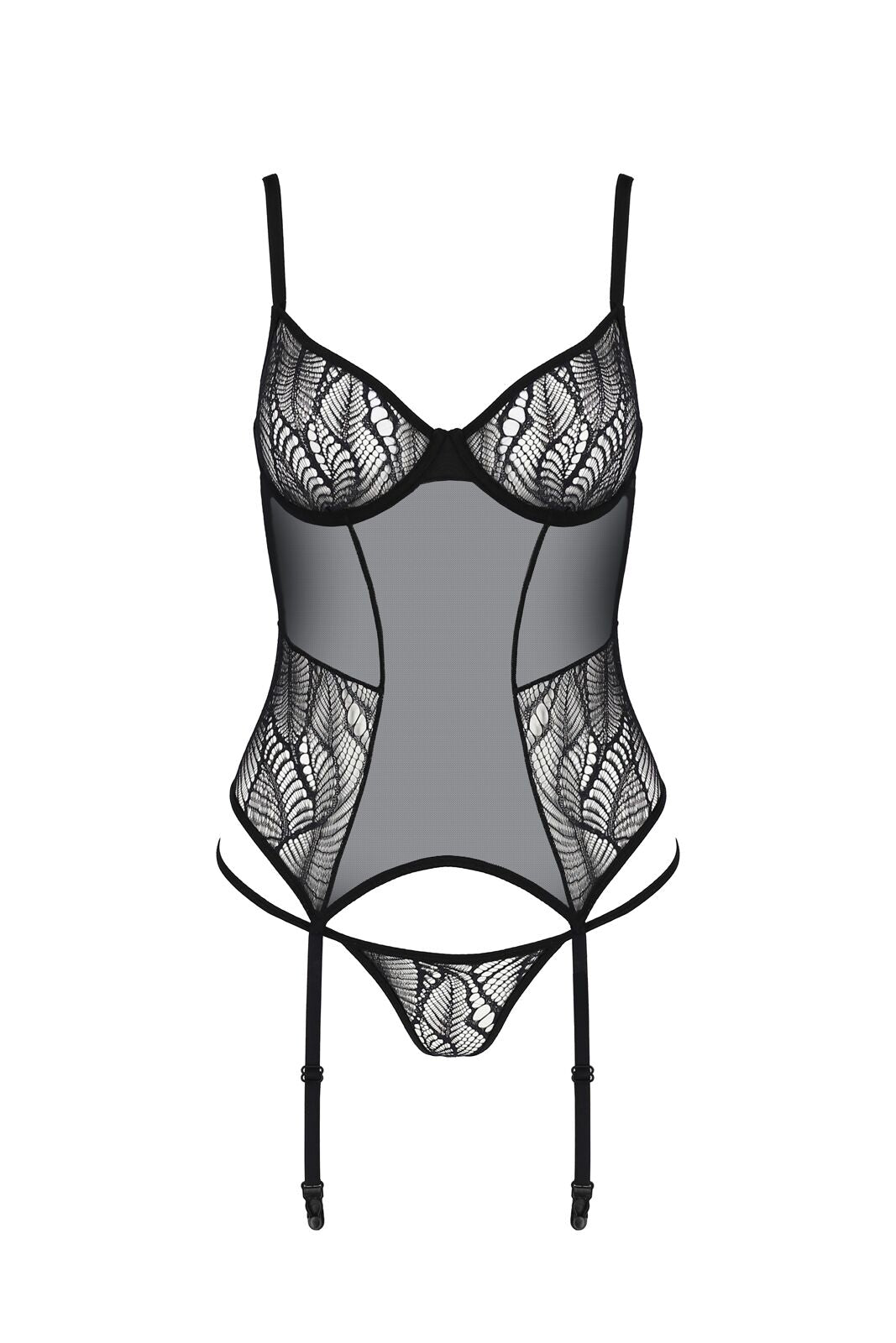 Passion (Польща) Корсет Passion LEAFA CORSET black L/XL, м'які чашки, затискачі для панчіх, стрінги в комплекті