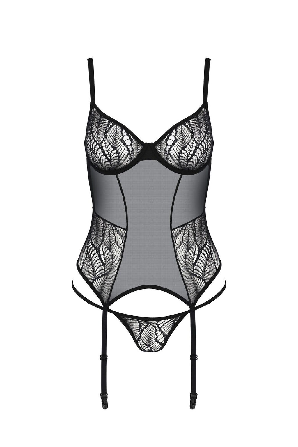 Passion (Польща) Корсет Passion LEAFA CORSET black S/M, м'які чашки, затискачі для панчіх, стрінги в комплекті