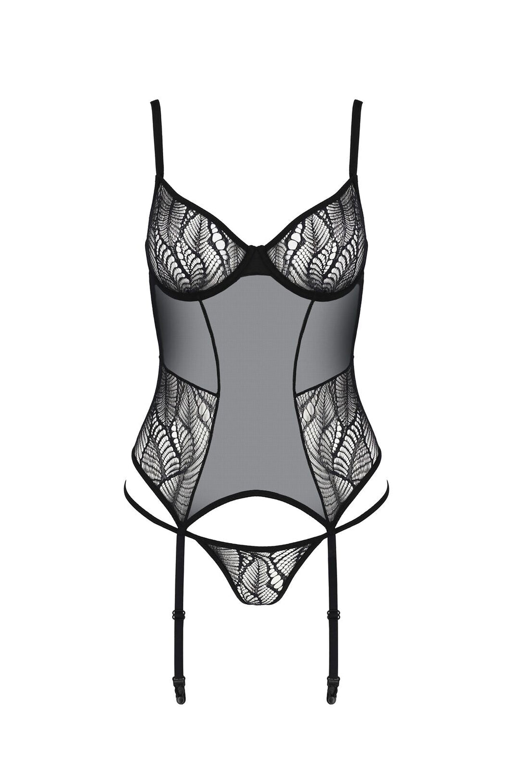 Корсет Passion LEAFA CORSET black, XXL/XXXL, м'які чашки, затискачі для панчіх, 