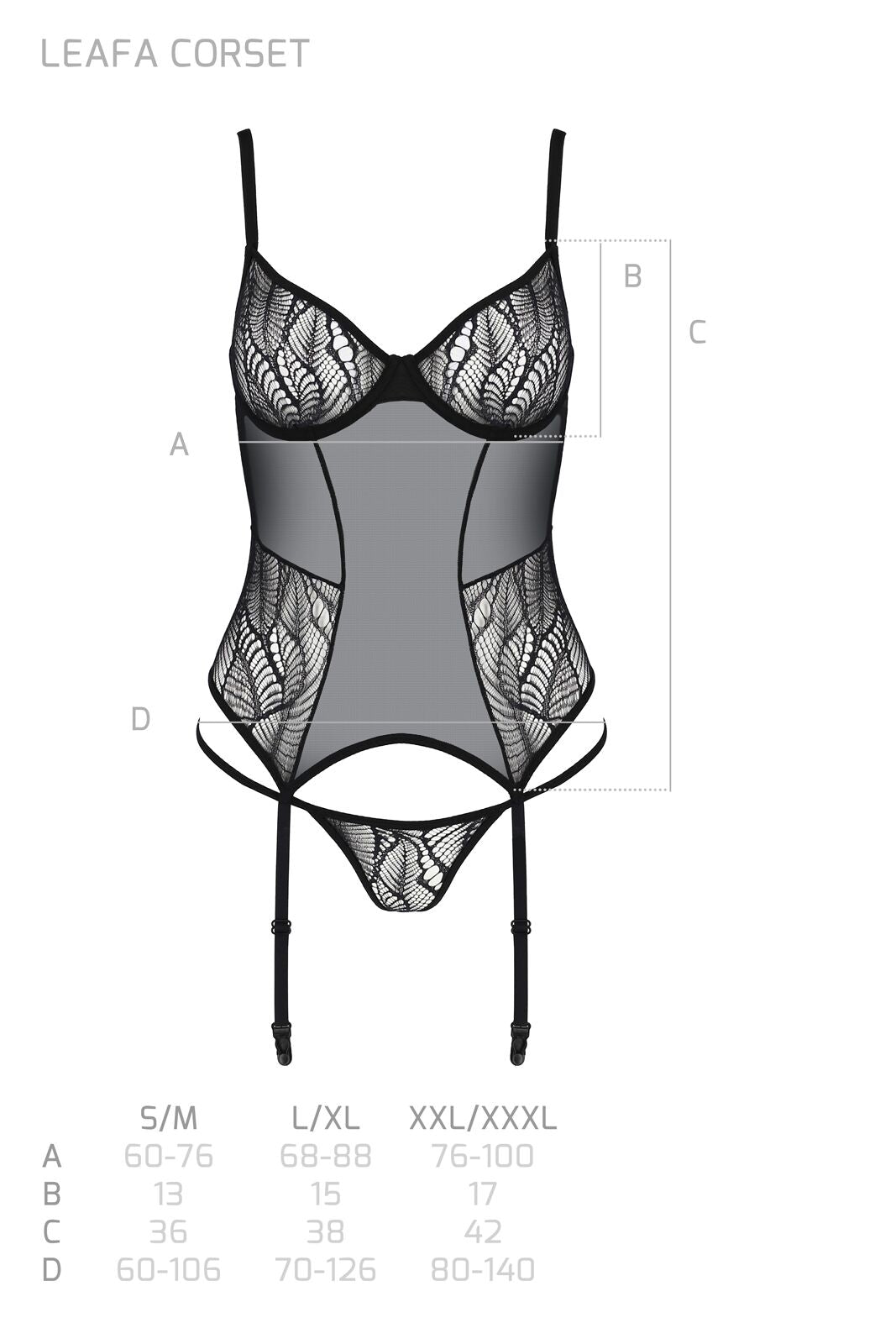 Passion (Польща) Корсет Passion LEAFA CORSET black, XXL/XXXL, м'які чашки, затискачі для панчіх, стрінги в комплекті
