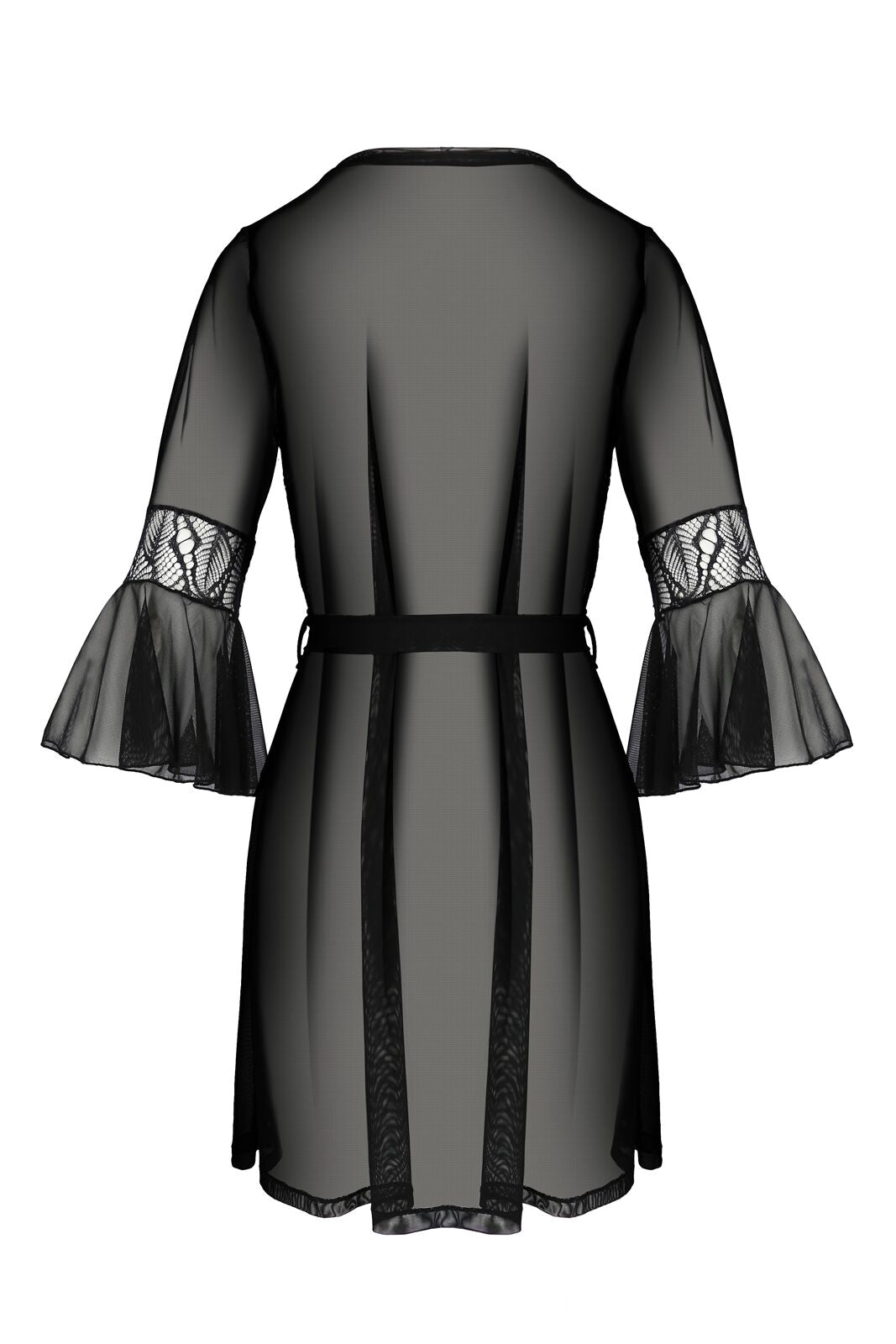 Passion (Польща) Пеньюар Passion LEAFA PEIGNOIR black S/M, довжина трохи вище коліна, широкі рукави, зав'язується на пояс