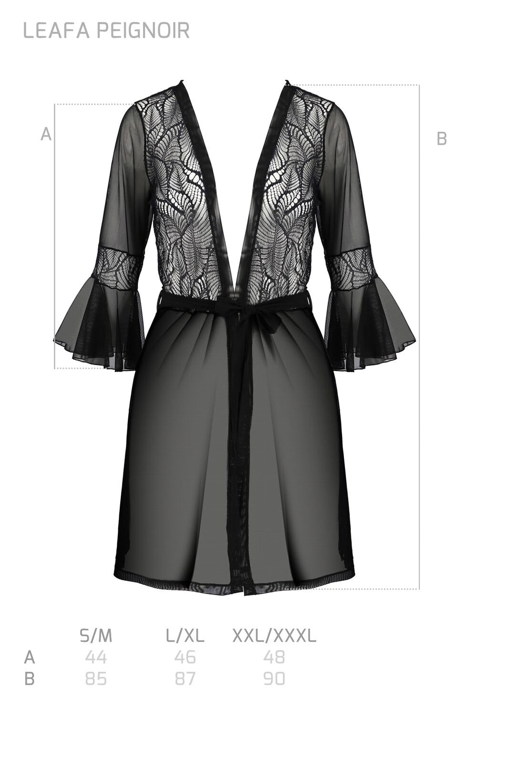 Passion (Польща) Пеньюар Passion LEAFA PEIGNOIR black, XXL/XXXL, довжина трохи вище коліна, широкі рукави, зав'язується на пояс