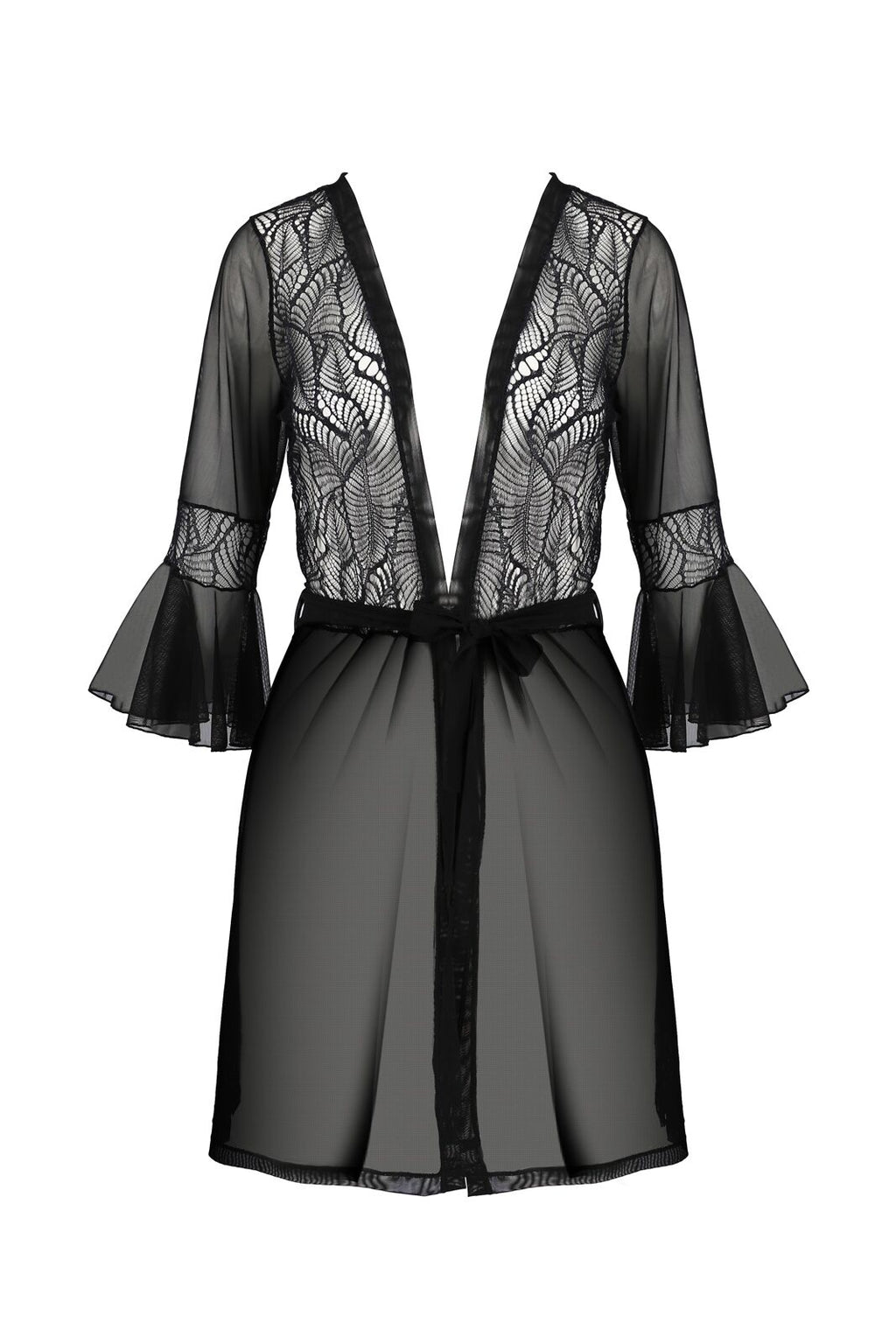 Passion (Польща) Пеньюар Passion LEAFA PEIGNOIR black, XXL/XXXL, довжина трохи вище коліна, широкі рукави, зав'язується на пояс