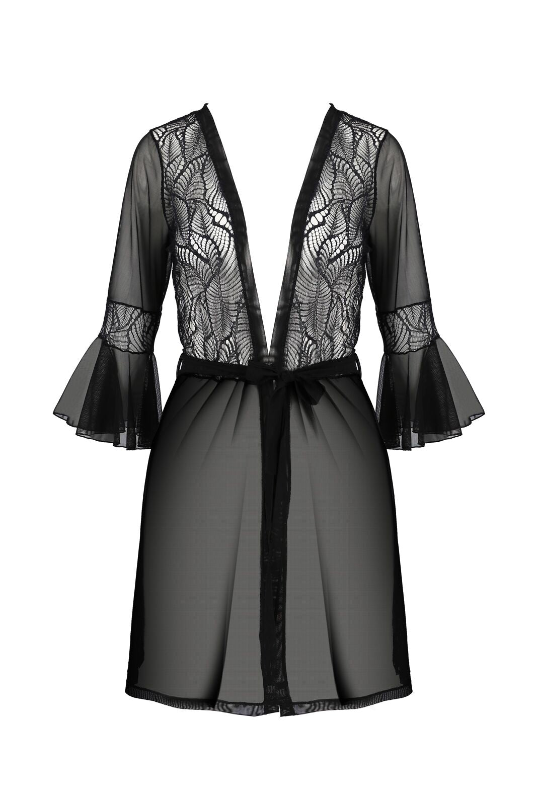 Passion (Польща) Пеньюар Passion LEAFA PEIGNOIR black, XXL/XXXL, довжина трохи вище коліна, широкі рукави, зав'язується на пояс