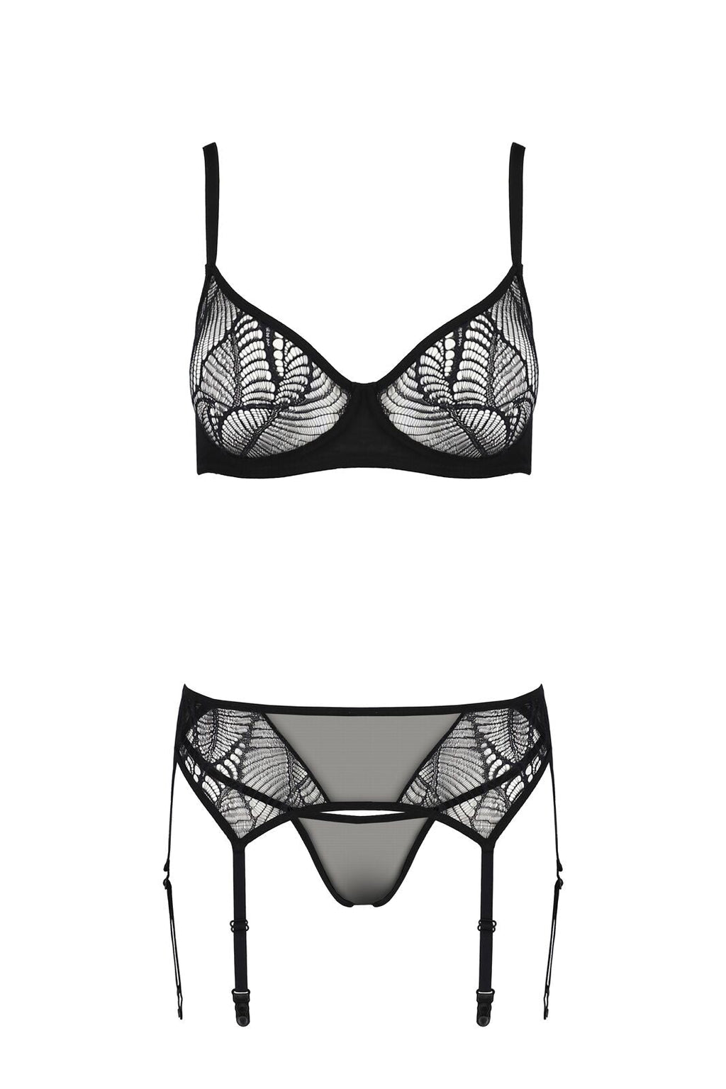 Комплект Passion LEAFA SET black S/M, мереживо+сітка, бюстгальтер на кісточках, 