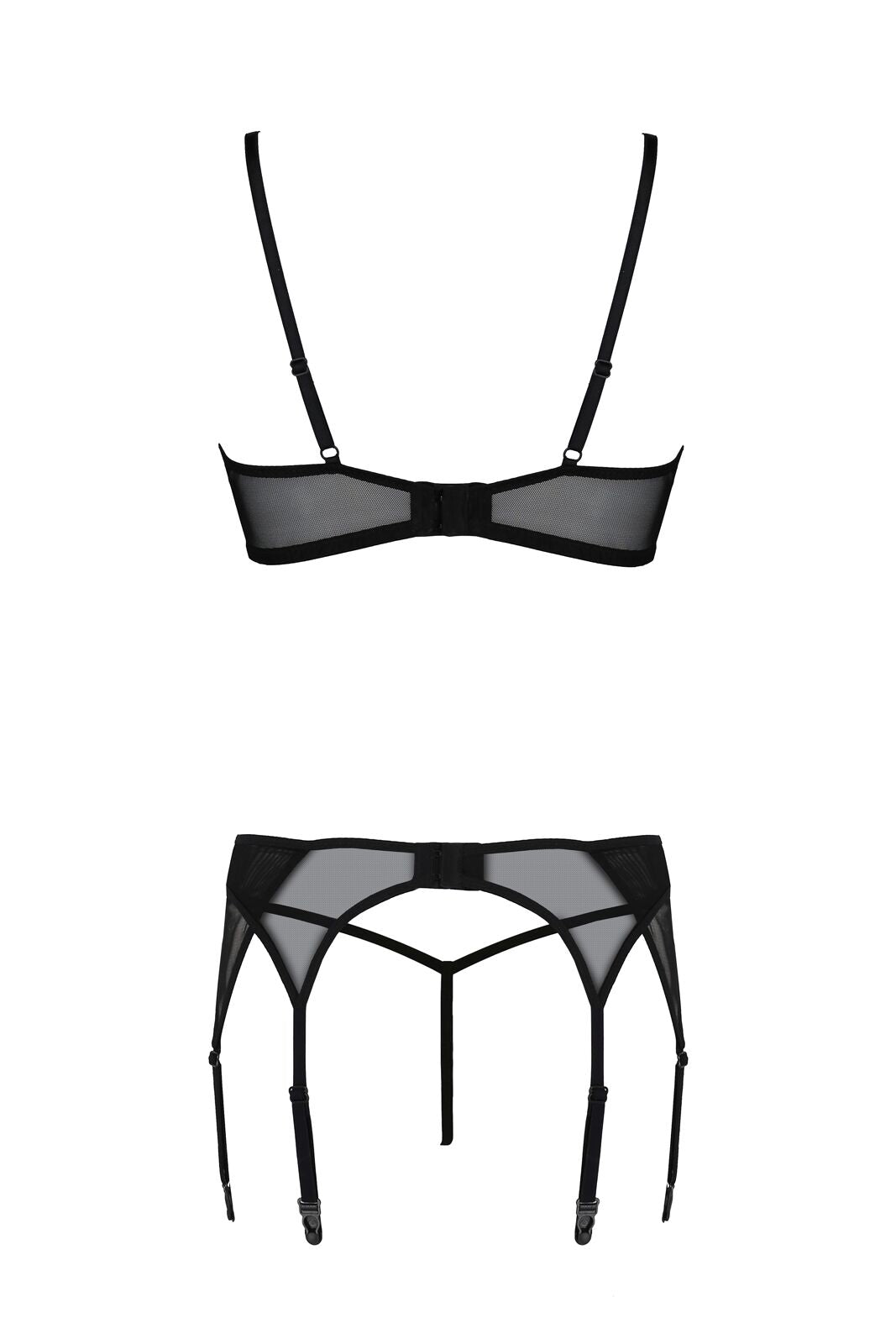 Passion (Польща) Комплект Passion LEAFA SET black S/M, мереживо+сітка, бюстгальтер на кісточках, стрінги, пояс для панчіх