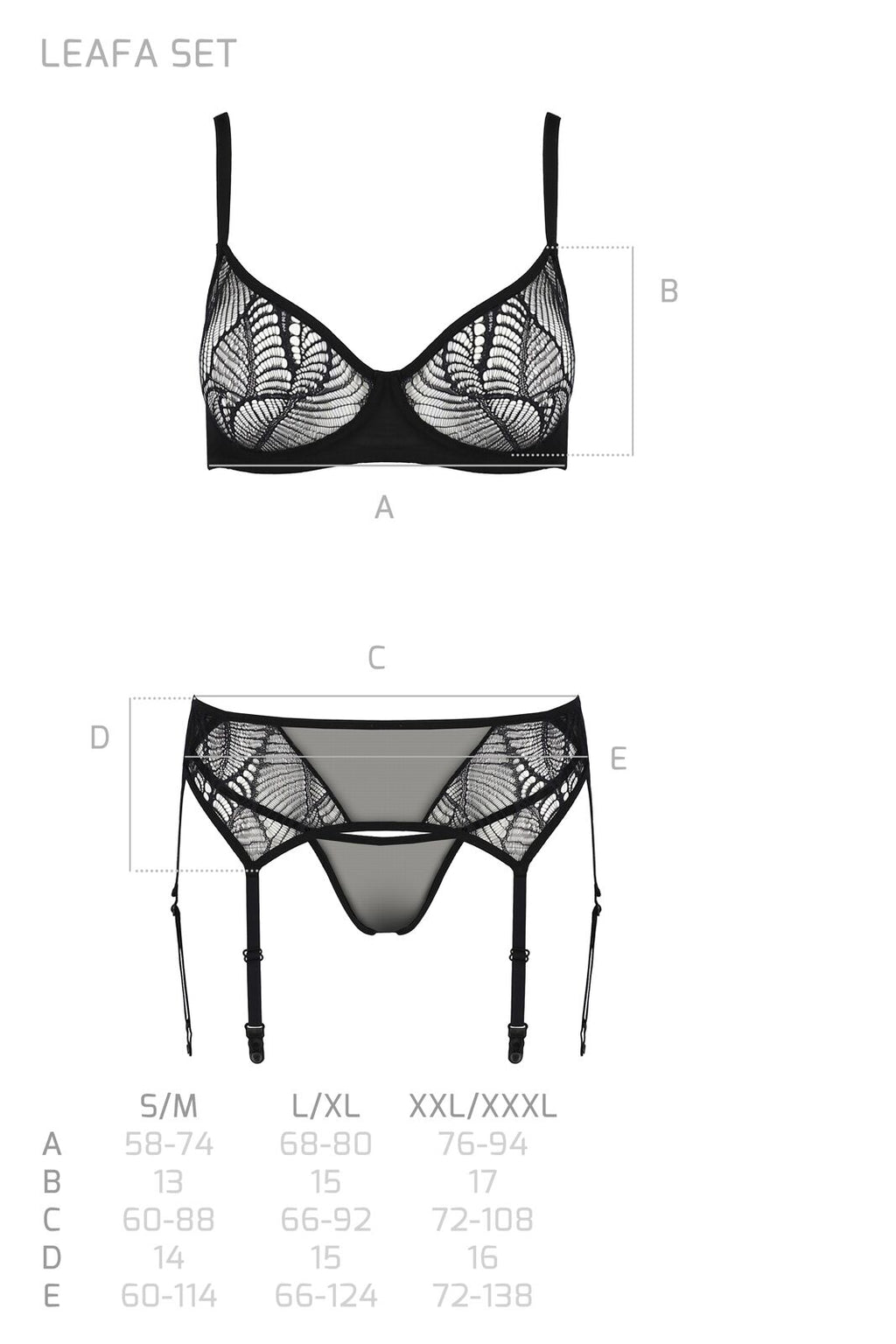 Passion (Польща) Комплект Passion LEAFA SET black, XXL/XXXL, мереживо+сітка, бюстгальтер на кісточках, стрінги, пояс для панчіх
