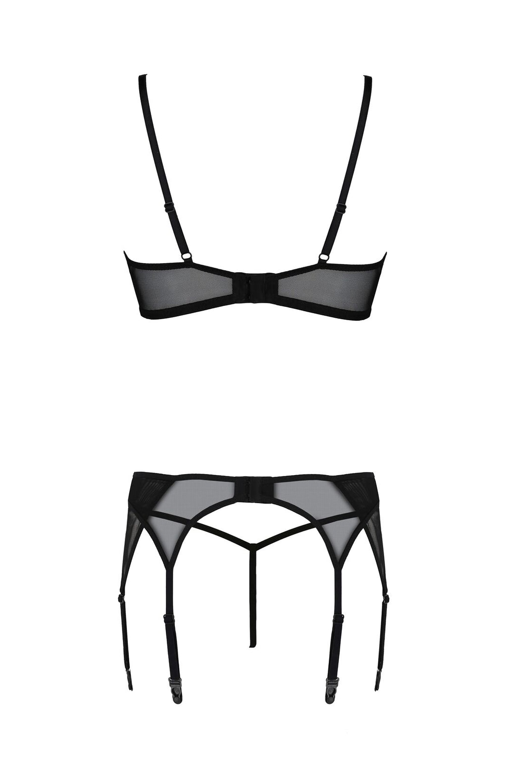 Passion (Польща) Комплект Passion LEAFA SET black, XXL/XXXL, мереживо+сітка, бюстгальтер на кісточках, стрінги, пояс для панчіх