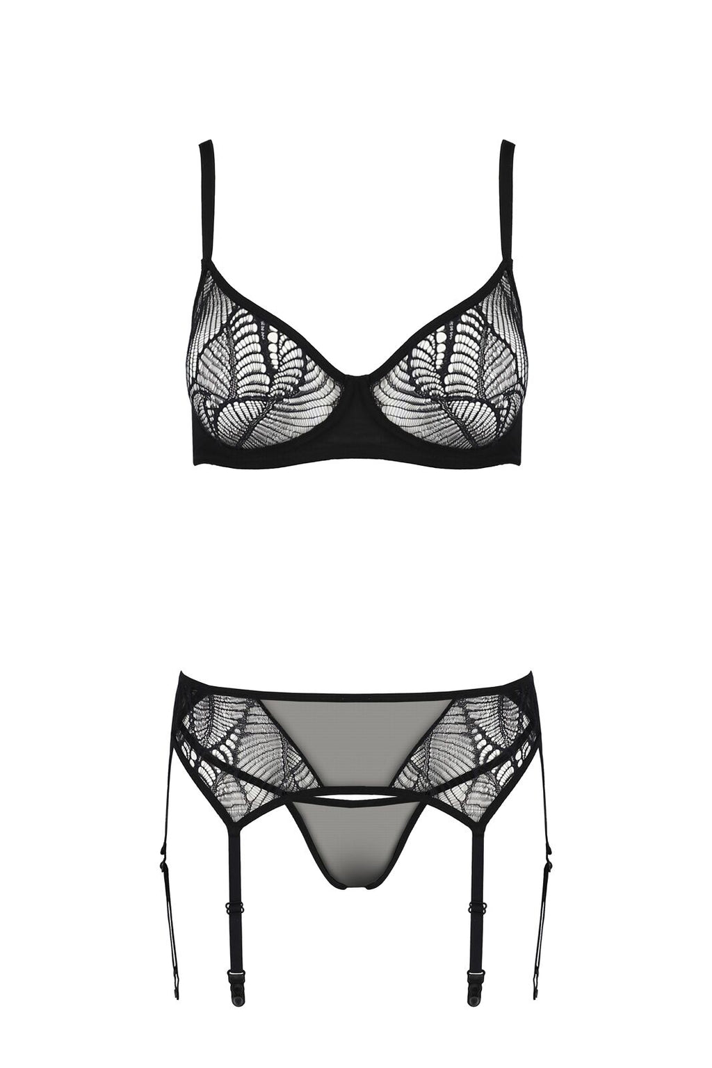 Passion (Польща) Комплект Passion LEAFA SET black, XXL/XXXL, мереживо+сітка, бюстгальтер на кісточках, стрінги, пояс для панчіх