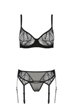 Комплект Passion LEAFA SET, мереживо+сітка, бюстгальтер на кісточках, стрінги, пояс для панчіх