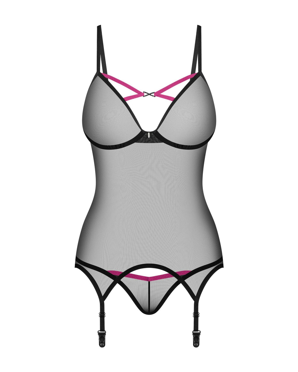 Корсет Obsessive Novenes corset & thong, M/L, прозорий, відкрита спина, стрінги 