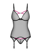 Корсет Obsessive Novenes corset & thong, M/L, прозорий, відкрита спина, стрінги 