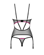 Корсет Obsessive Novenes corset & thong, M/L, прозорий, відкрита спина, стрінги 