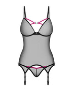 Корсет Obsessive Novenes corset & thong, XL/2XL, прозорий, відкрита спина, стрінги в комплекті