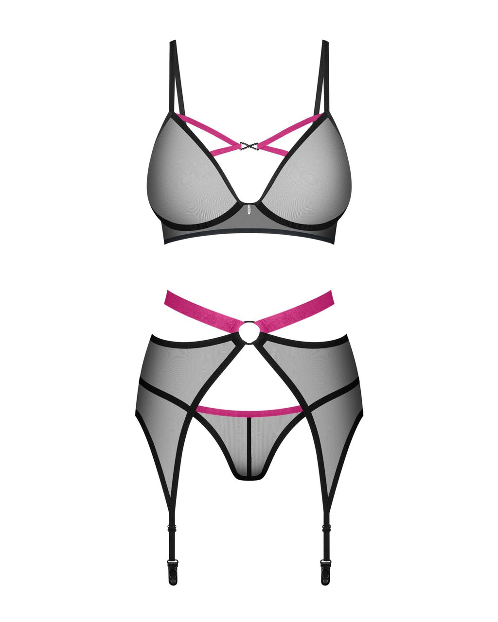 Комплект Obsessive Novenes 3-pcs set, XS/S, прозорий ліф на кісточках, стрінги, 