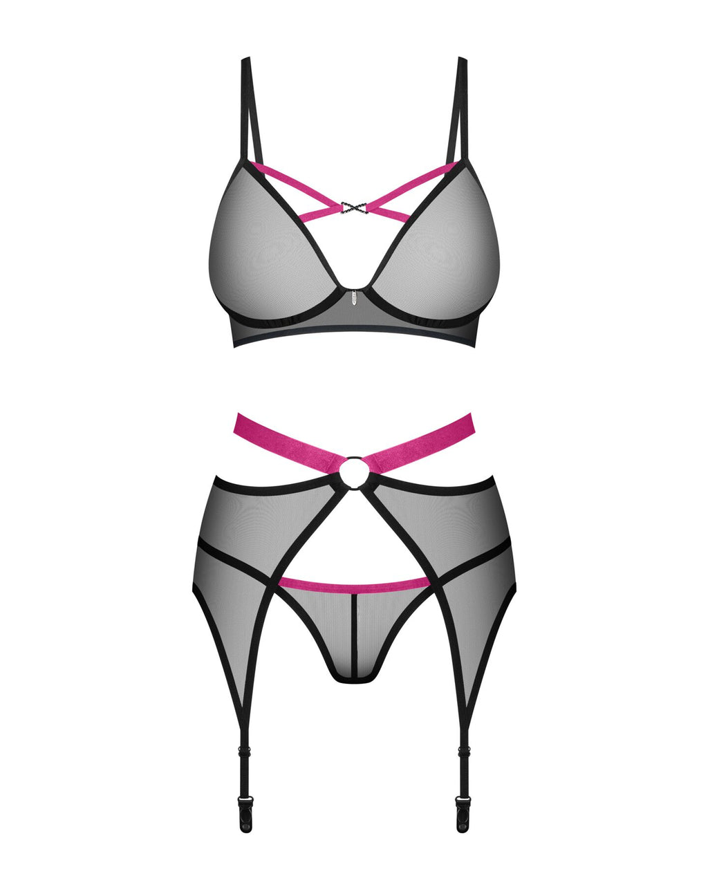 Obsessive (Польща) Комплект Obsessive Novenes 3-pcs set, M/L, прозорий ліф на кісточках, стрінги, пояс