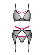 Комплект Obsessive Novenes 3-pcs set, прозорий ліф на кісточках, стрінги, пояс