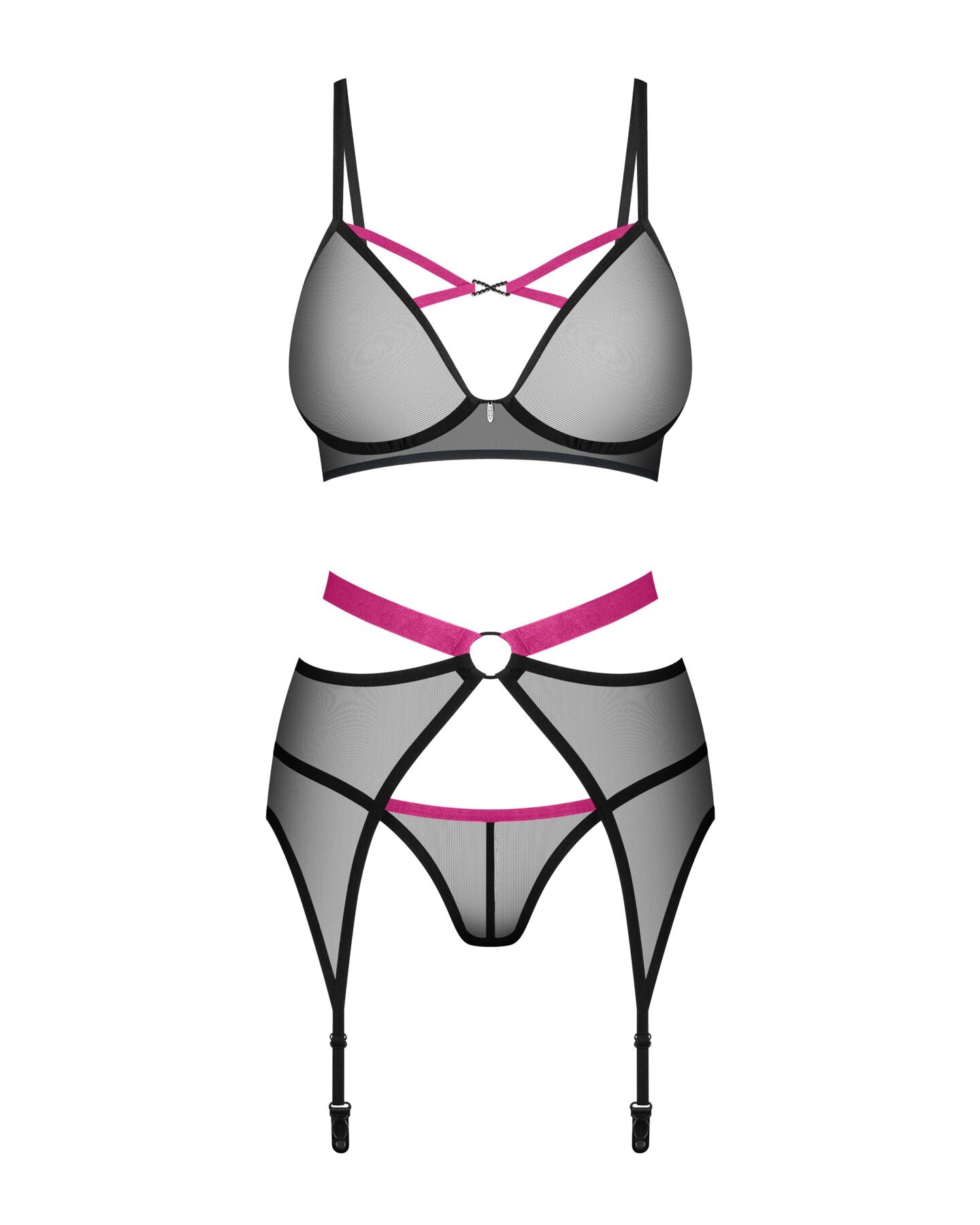 Obsessive (Польща) Комплект Obsessive Novenes 3-pcs set, M/L, прозорий ліф на кісточках, стрінги, пояс