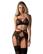 Комплект Obsessive Novenes 3-pcs set, XL/2XL, прозорий ліф на кісточках, стрінги, пояс