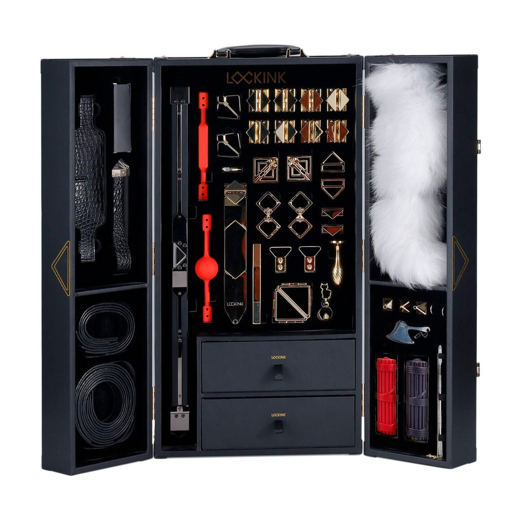 LOCKINK (Китай) БДСМ-набір LOCKINK All-in-1 BDSM Play Kit, чорний, шкіра з тисненням, предмети для бондажу, шибарі, ваксплею