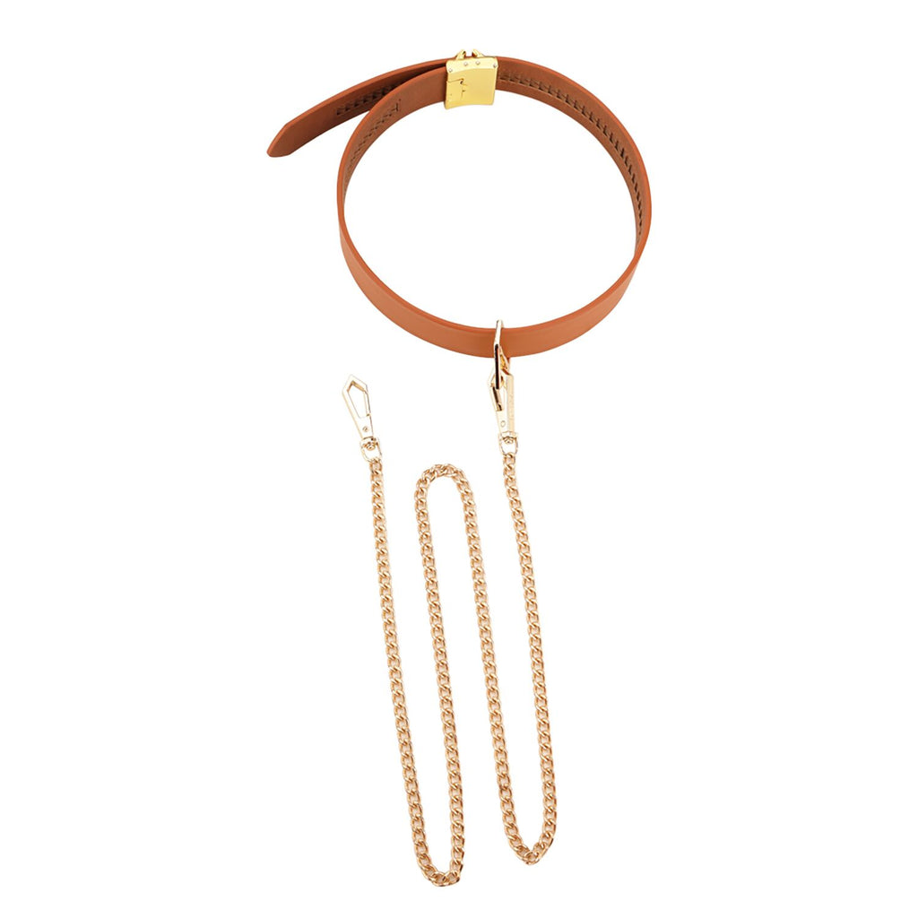 LOCKINK (Китай) Нашийник з повідцем LOCKINK Tied Collar with Leash Set, коричневий, ланцюг зі шкіряною петлею та карабіном