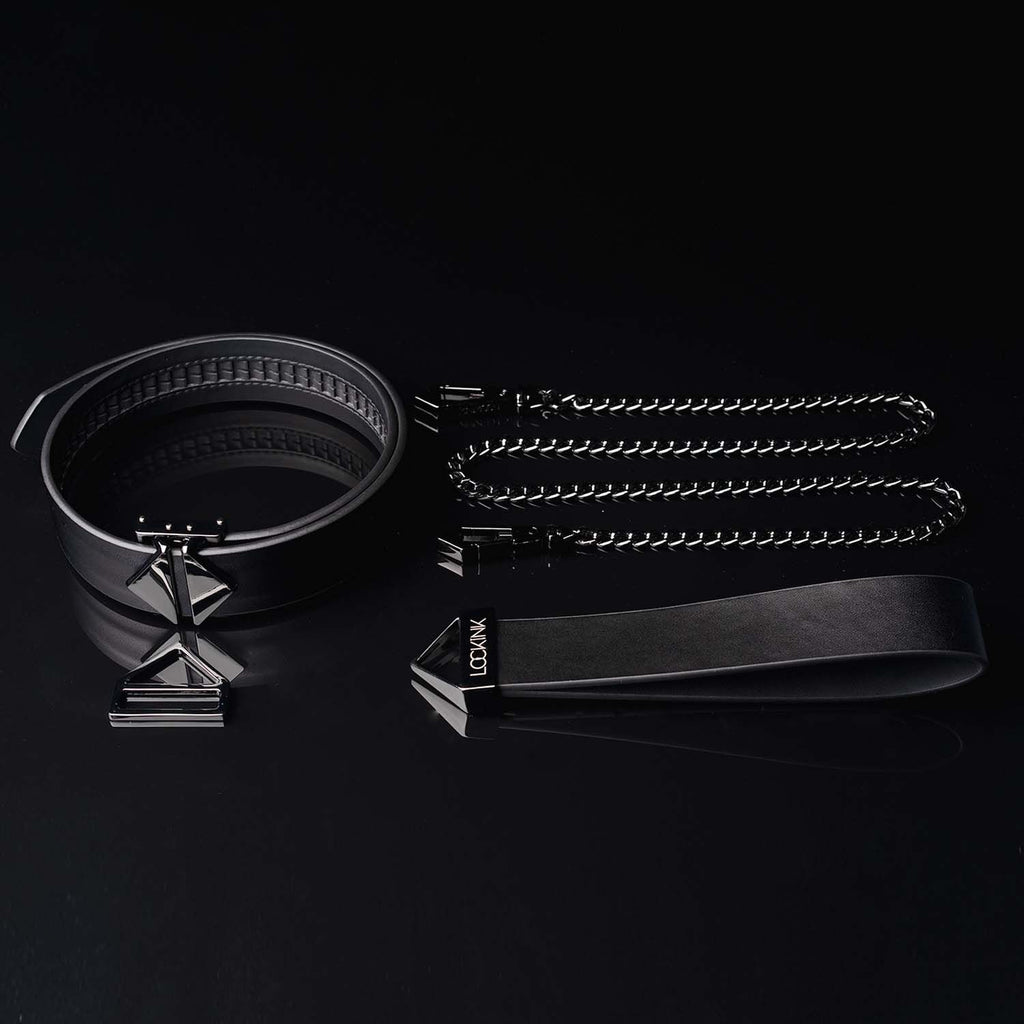 LOCKINK (Китай) Нашийник з повідцем LOCKINK Tied Collar with Leash Set, чорний, ланцюг зі шкіряною петлею та карабіном