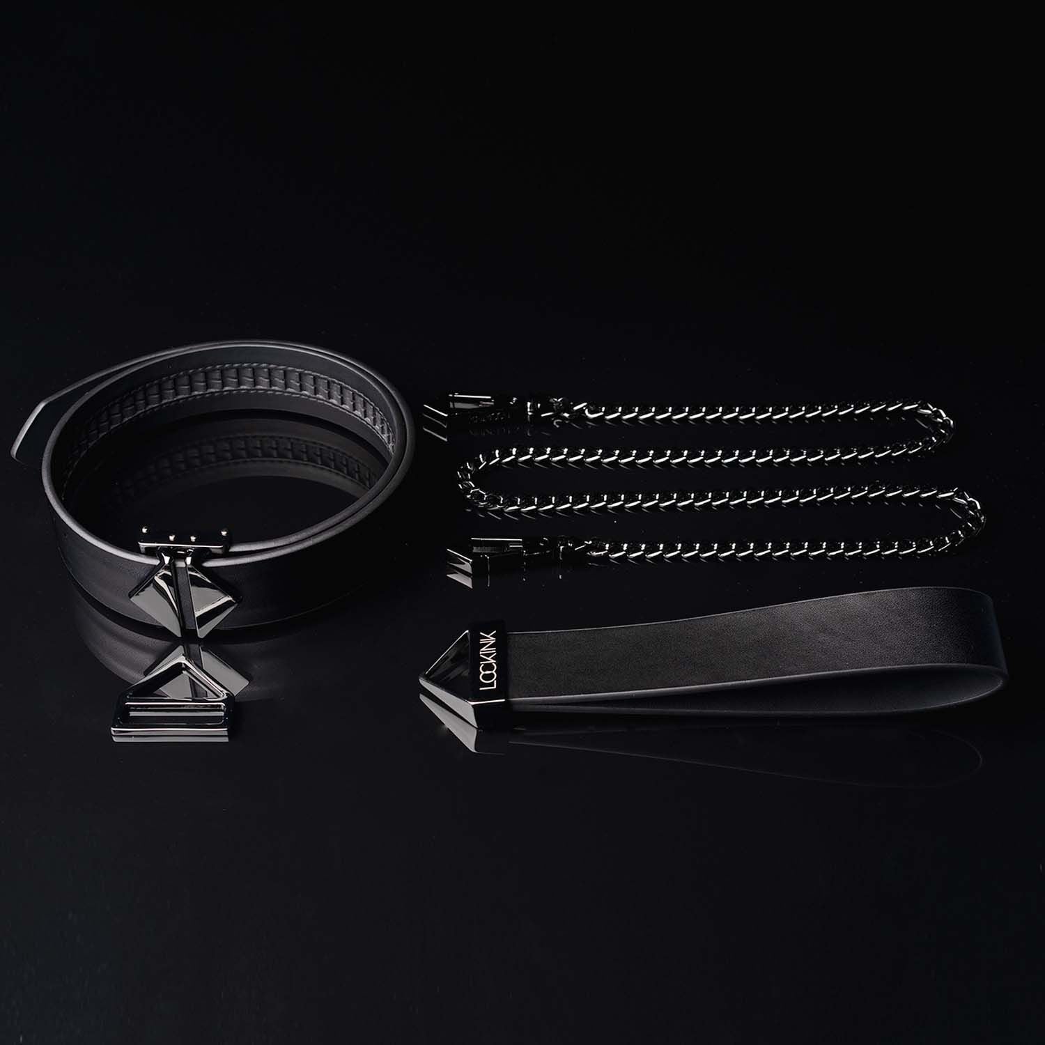 LOCKINK (Китай) Нашийник з повідцем LOCKINK Tied Collar with Leash Set, чорний, ланцюг зі шкіряною петлею та карабіном