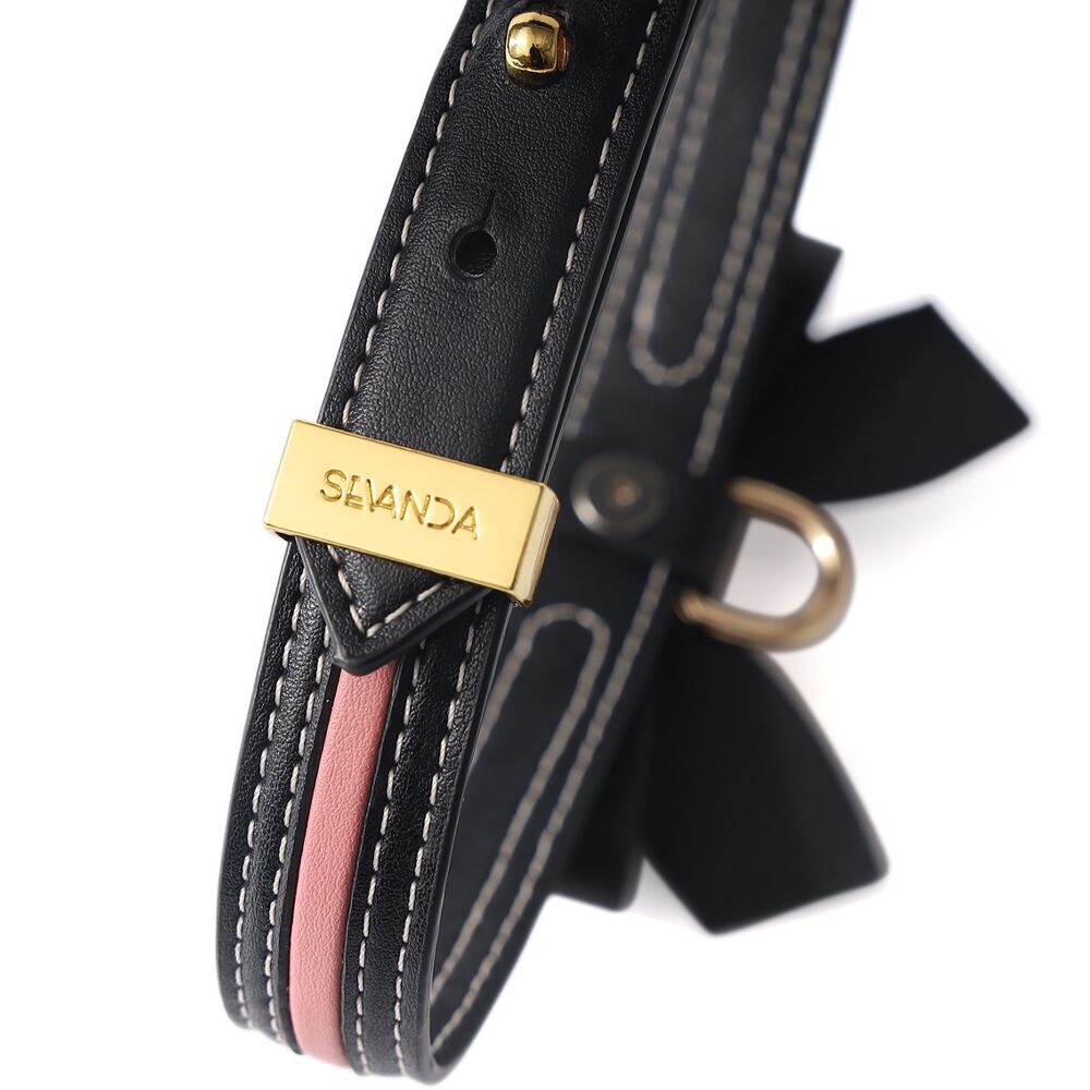 LOCKINK (Китай) Нашийник з повідцем LOCKINK SEVANDA Love Heart Butterfly Leather Collar Set, чорно-рожевий, з бантом