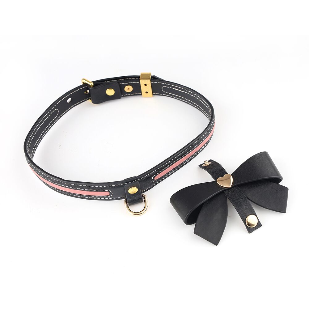 LOCKINK (Китай) Нашийник з повідцем LOCKINK SEVANDA Love Heart Butterfly Leather Collar Set, чорно-рожевий, з бантом