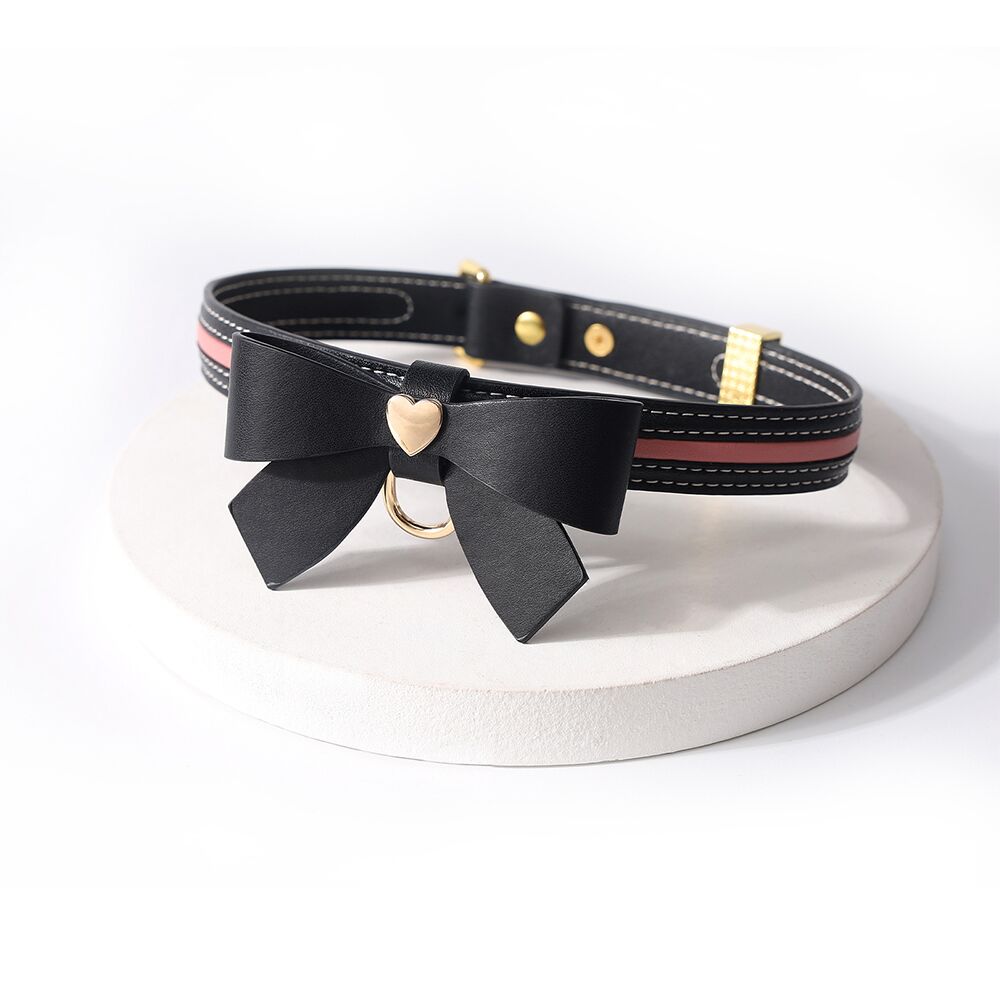 LOCKINK (Китай) Нашийник з повідцем LOCKINK SEVANDA Love Heart Butterfly Leather Collar Set, чорно-рожевий, з бантом