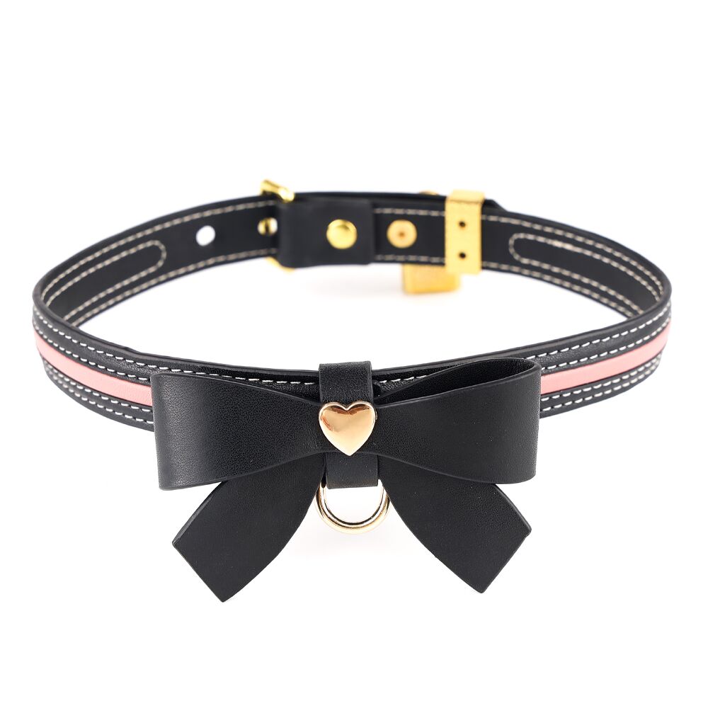 LOCKINK (Китай) Нашийник з повідцем LOCKINK SEVANDA Love Heart Butterfly Leather Collar Set, чорно-рожевий, з бантом