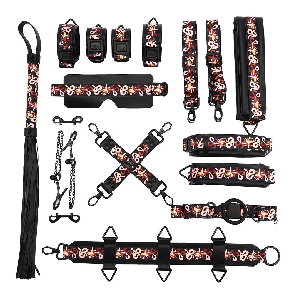 LOCKINK (Китай) БДСМ-набір LOCKINK The Flowering Serpent Bondage Set, чорний, з малюнком у вигляді змій, 12 предметів