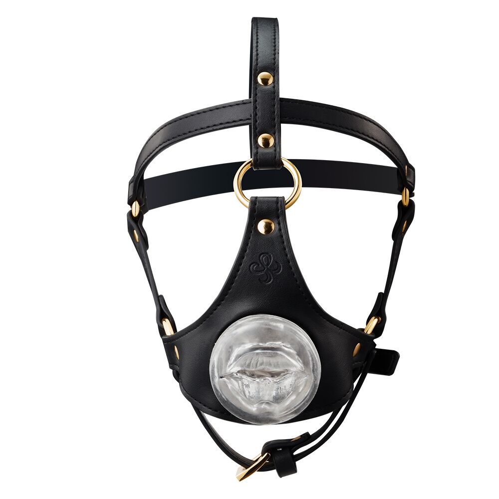 LOCKINK (Китай) Маска-збруя для мінету LOCKINK SEVANDA Blowjob Head Harness, чорна, з м’якою вставкою у вигляді губ