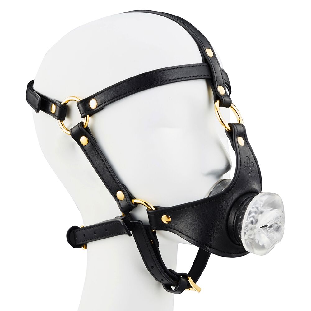 LOCKINK (Китай) Маска-збруя для мінету LOCKINK SEVANDA Blowjob Head Harness, чорна, з м’якою вставкою у вигляді губ