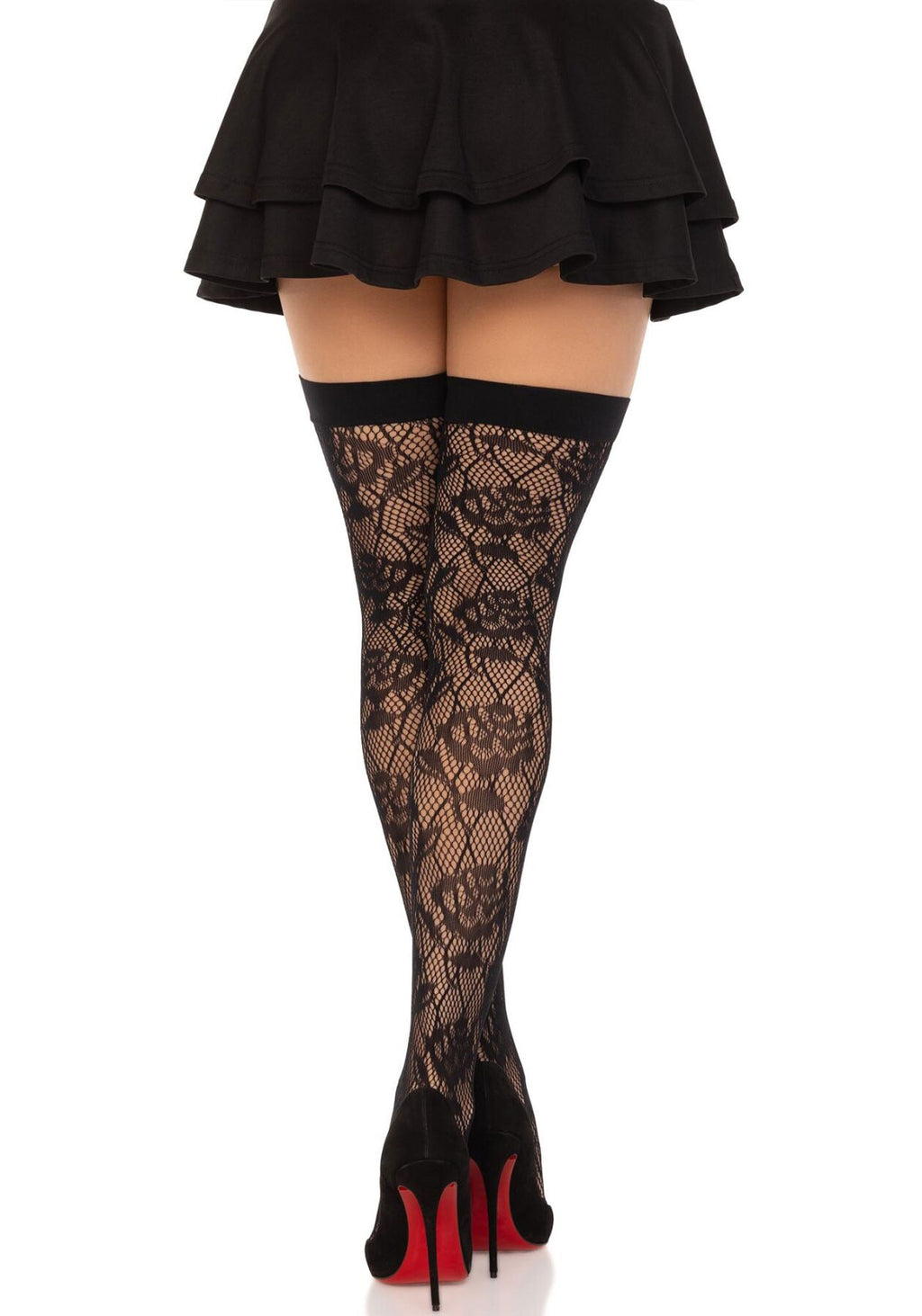 Leg Avenue (США) Панчохи Leg Avenue Wild rose net thigh highs, One Size, чорні, широка резинка, малюнок-троянди