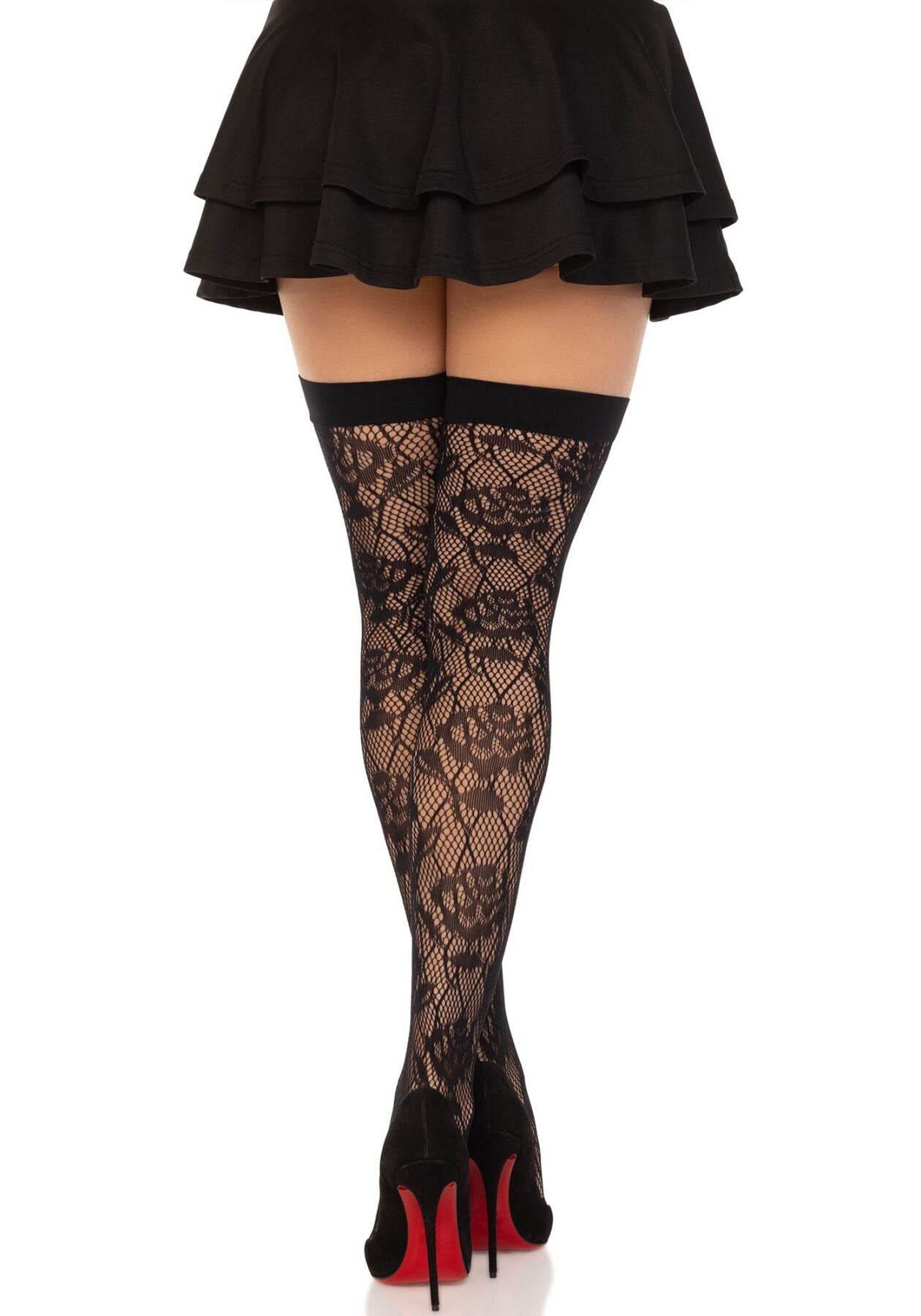 Leg Avenue (США) Панчохи Leg Avenue Wild rose net thigh highs, One Size, чорні, широка резинка, малюнок-троянди