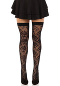 Leg Avenue (США) Панчохи Leg Avenue Wild rose net thigh highs, One Size, чорні, широка резинка, малюнок-троянди