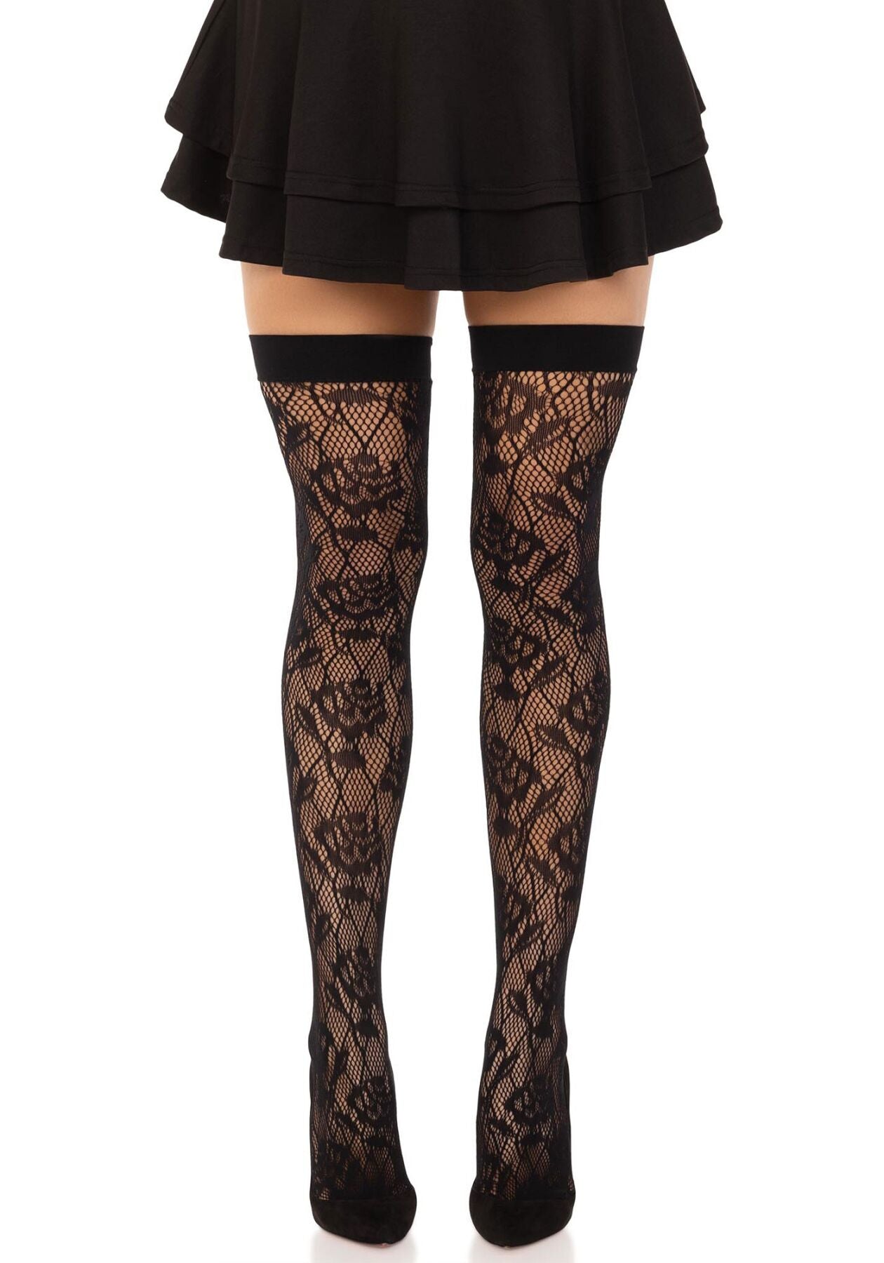 Leg Avenue (США) Панчохи Leg Avenue Wild rose net thigh highs, One Size, чорні, широка резинка, малюнок-троянди