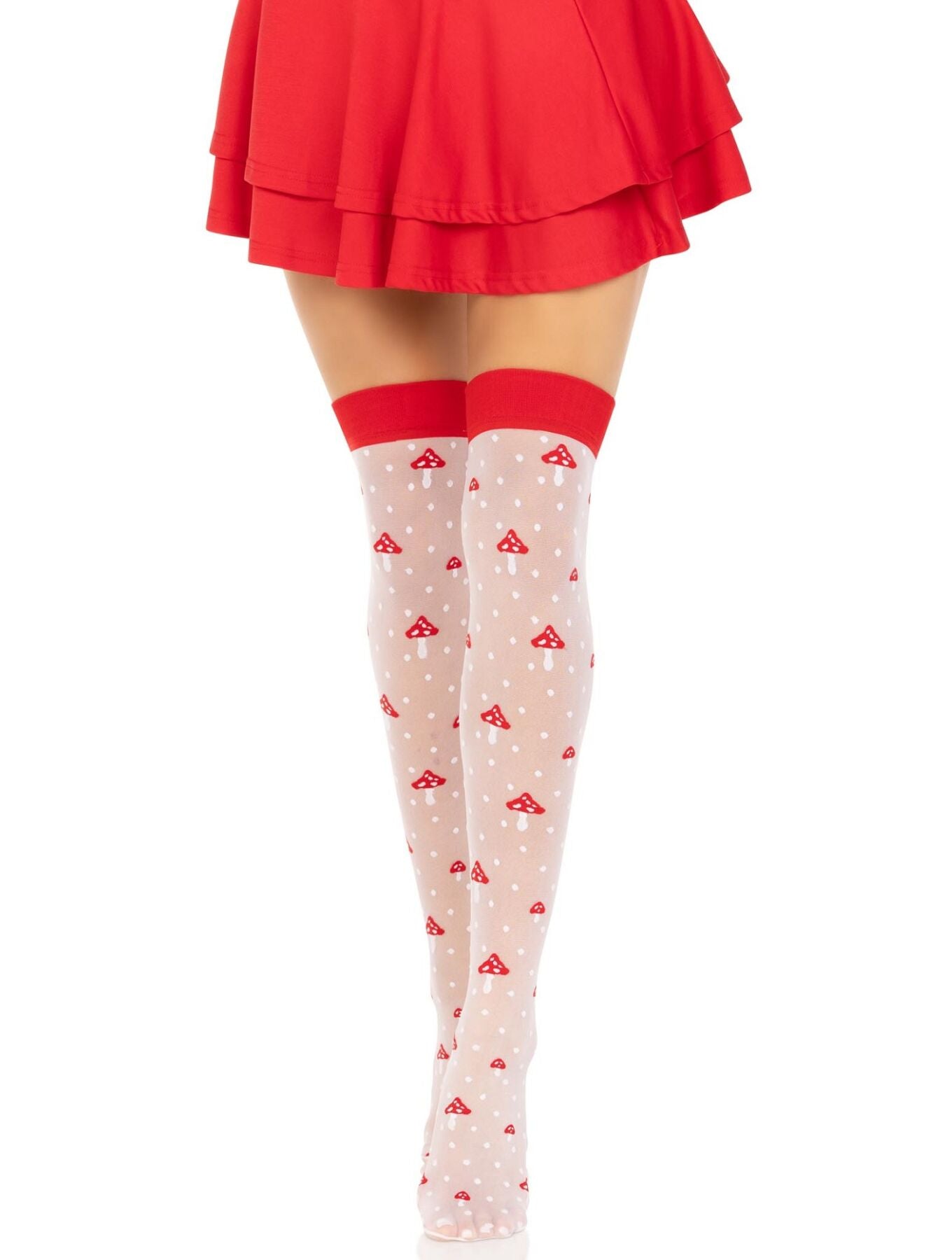 Leg Avenue (США) Панчохи Leg Avenue Polka Dot Mushroom Thigh Highs, One Size, біло-червоні, на резинці, малюнок — гриби