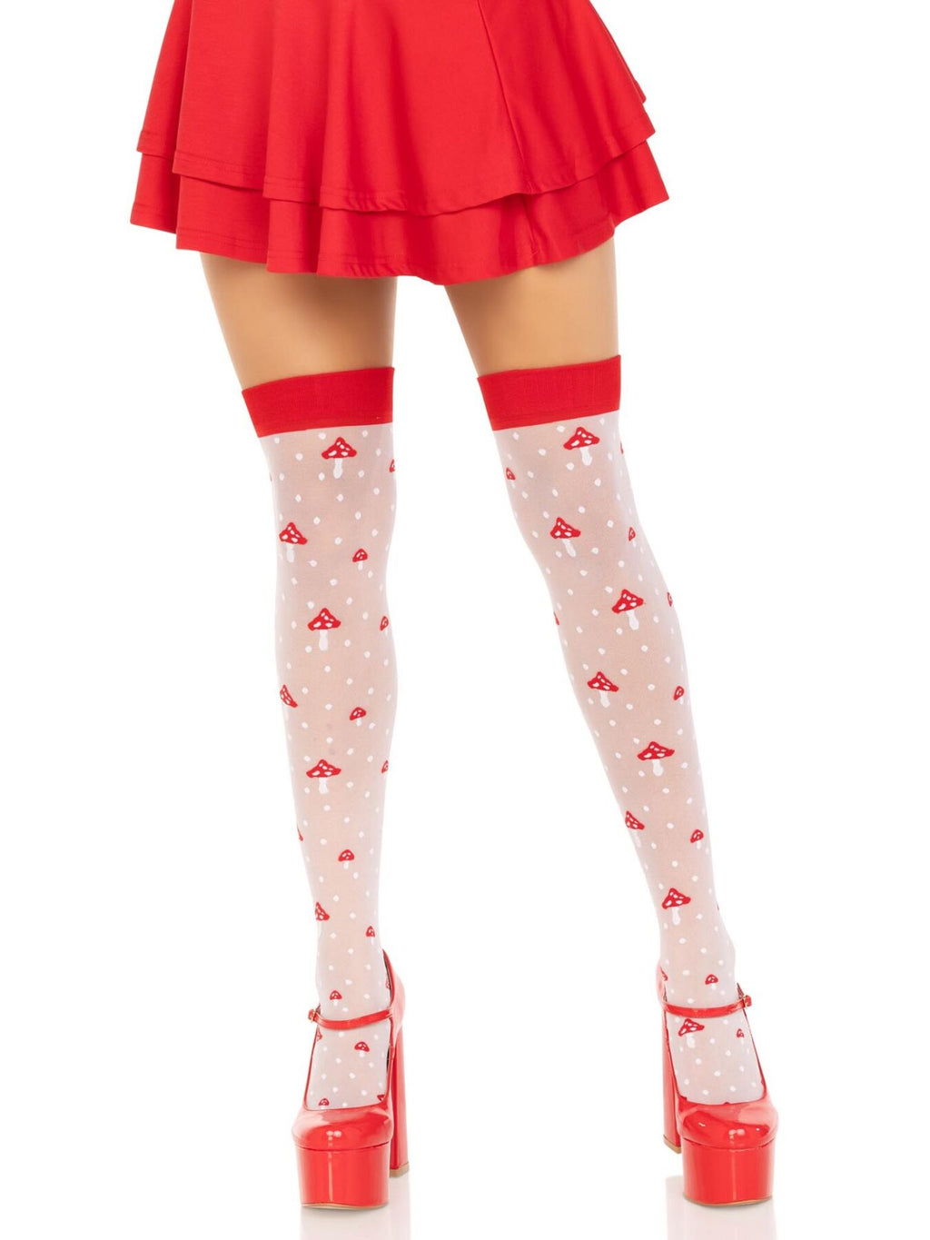 Leg Avenue (США) Панчохи Leg Avenue Polka Dot Mushroom Thigh Highs, One Size, біло-червоні, на резинці, малюнок — гриби