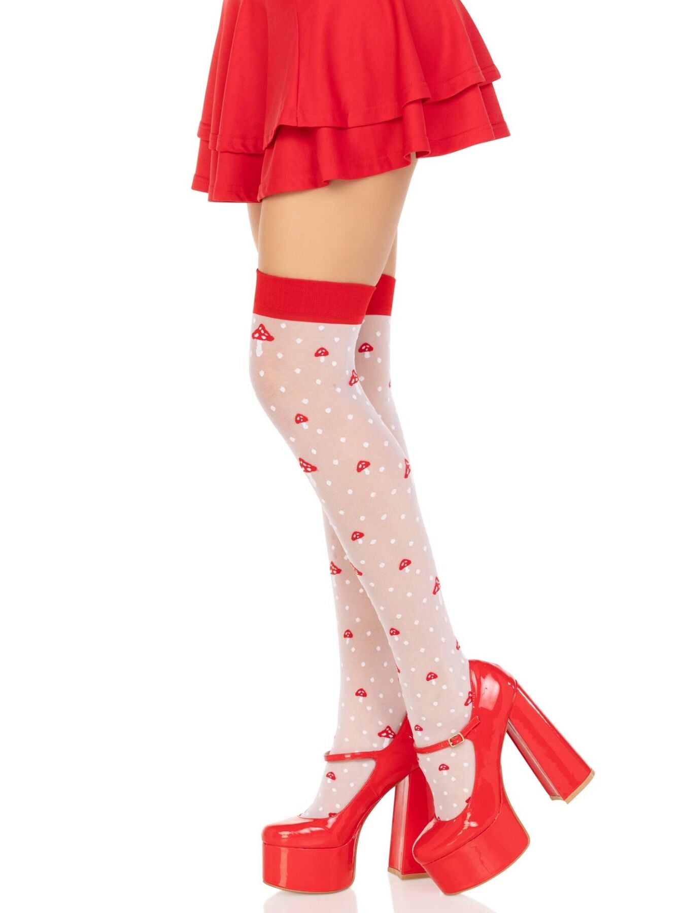 Leg Avenue (США) Панчохи Leg Avenue Polka Dot Mushroom Thigh Highs, One Size, біло-червоні, на резинці, малюнок — гриби