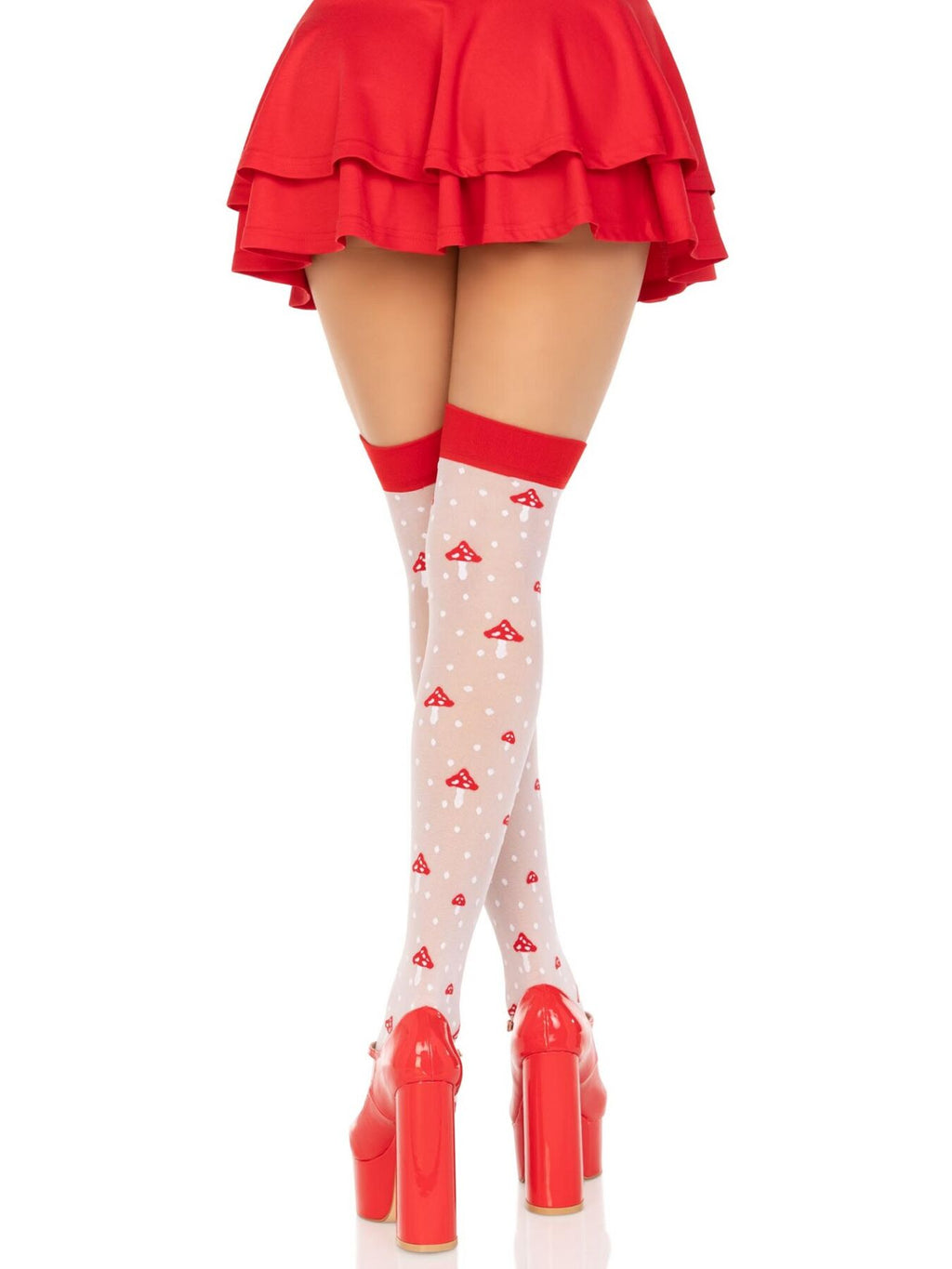 Leg Avenue (США) Панчохи Leg Avenue Polka Dot Mushroom Thigh Highs, One Size, біло-червоні, на резинці, малюнок — гриби