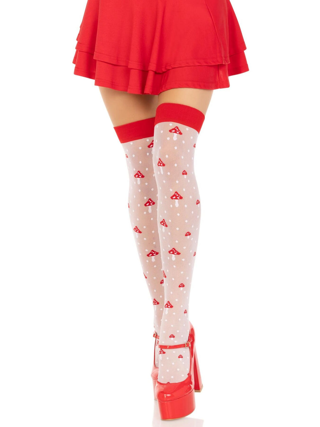 Leg Avenue (США) Панчохи Leg Avenue Polka Dot Mushroom Thigh Highs, One Size, біло-червоні, на резинці, малюнок — гриби
