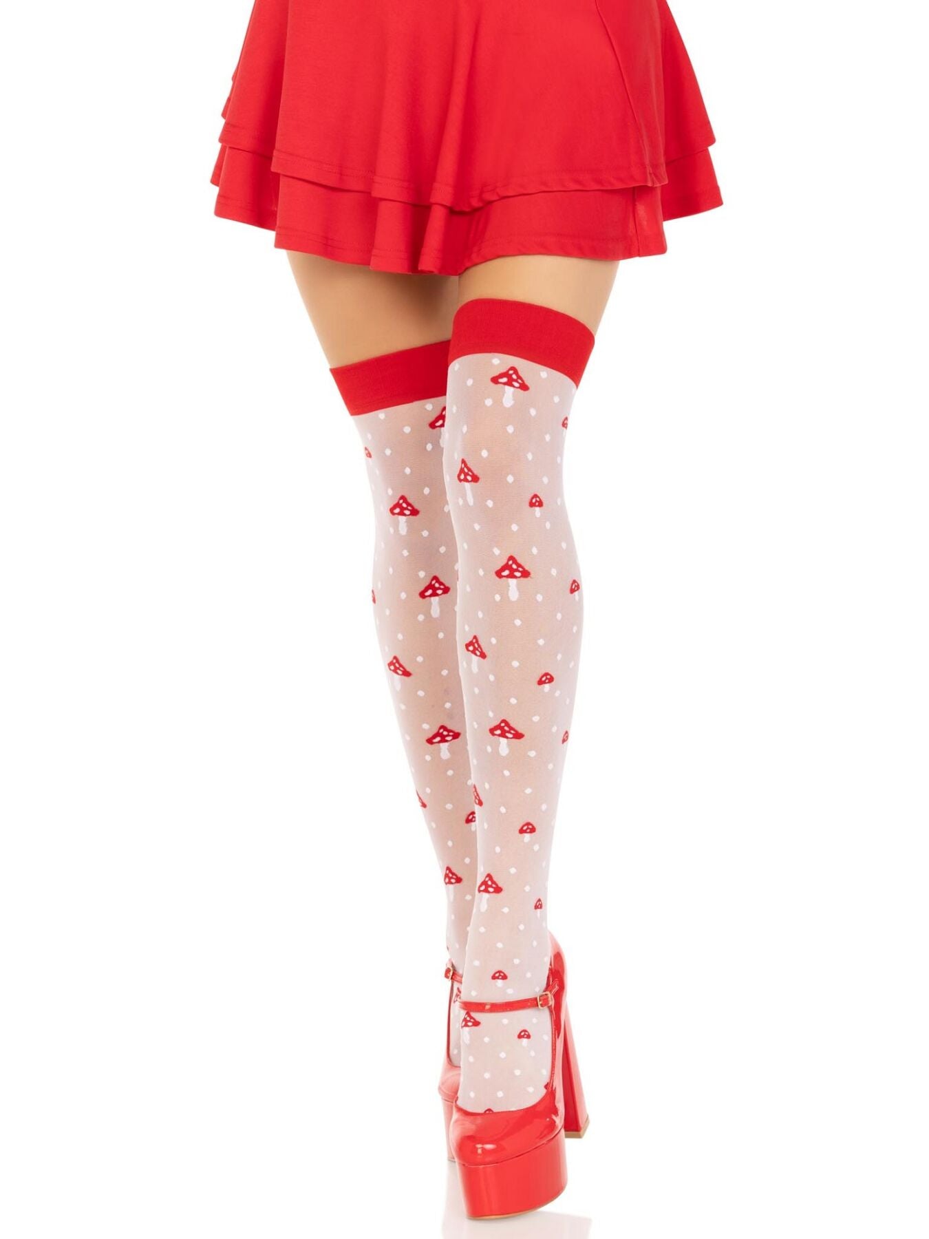 Leg Avenue (США) Панчохи Leg Avenue Polka Dot Mushroom Thigh Highs, One Size, біло-червоні, на резинці, малюнок — гриби