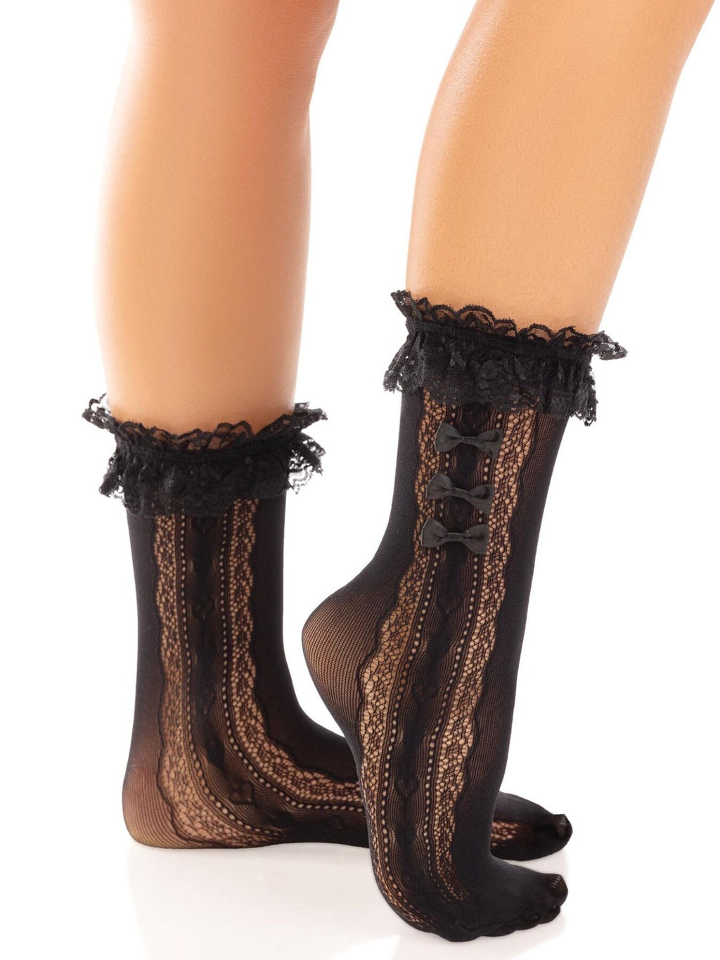 Leg Avenue (США) Шкарпетки ажурні Leg Avenue Mini Bow Lace Anklet, чорні, з рюшами, декор — бантики