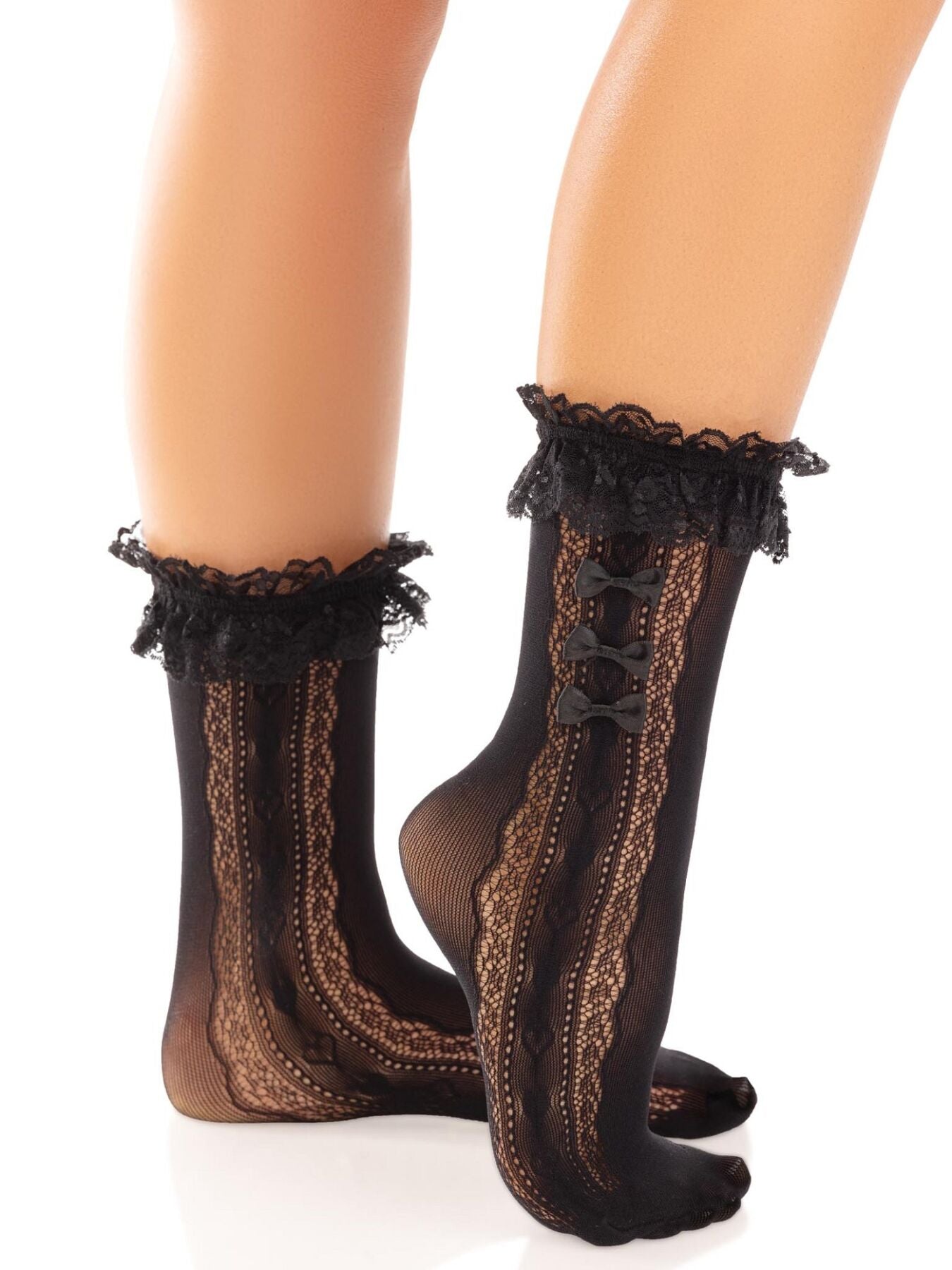 Leg Avenue (США) Шкарпетки ажурні Leg Avenue Mini Bow Lace Anklet, чорні, з рюшами, декор — бантики