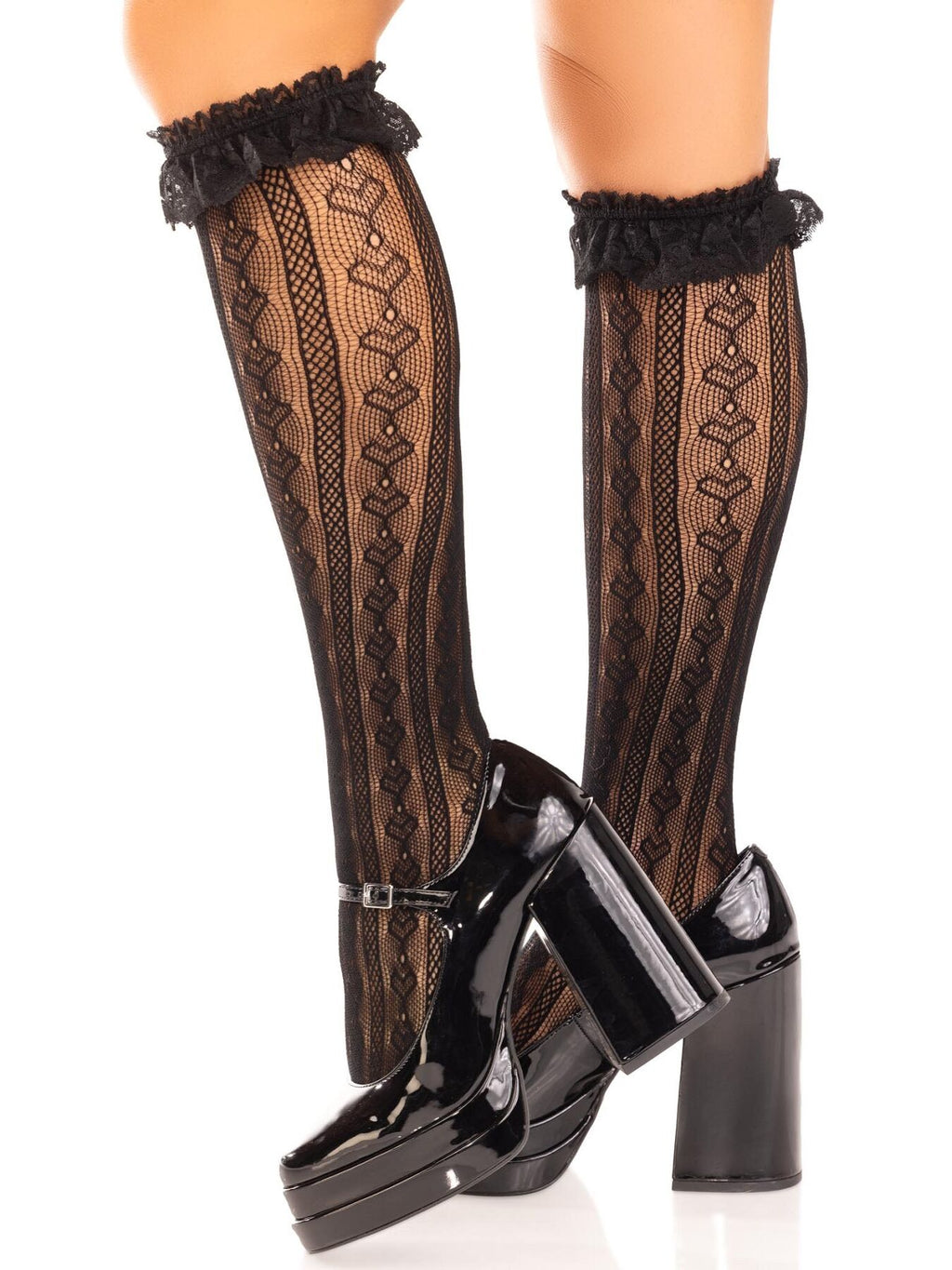 Leg Avenue (США) Гольфи ажурні Leg Avenue Sweetheart Ruffle Cuff Knee Highs, чорні, з рюшами, малюнок-сердечка